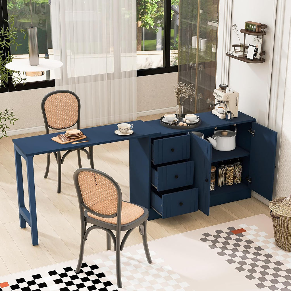 RUNNA 89.7''Wooden Sideboard with Extendable Table,Multifunctional Storage Cabinet with 2 Doors and 3 Drawers,for Living Room,Study,Foyer and Kitchen (Navy Blue#68)