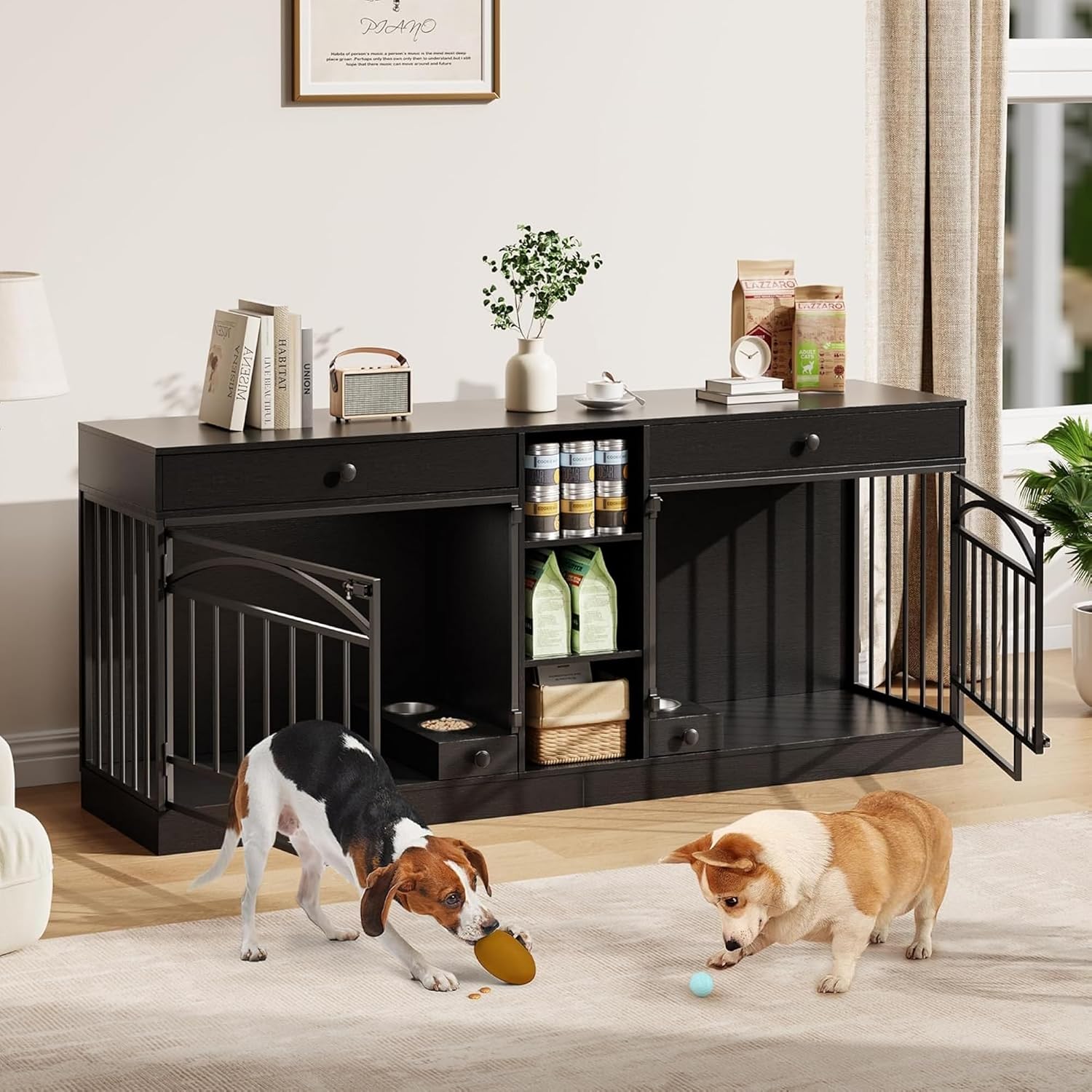 GAOMON Dog Crate Furniture for 2 Dogs, 78.7'' Large Dog Kennel Indoor with 2 Storage Drawers, 3 Shelves and Feeding Bowls, Double Dog Crate TV Stand for Small and Medium Dogs, Black