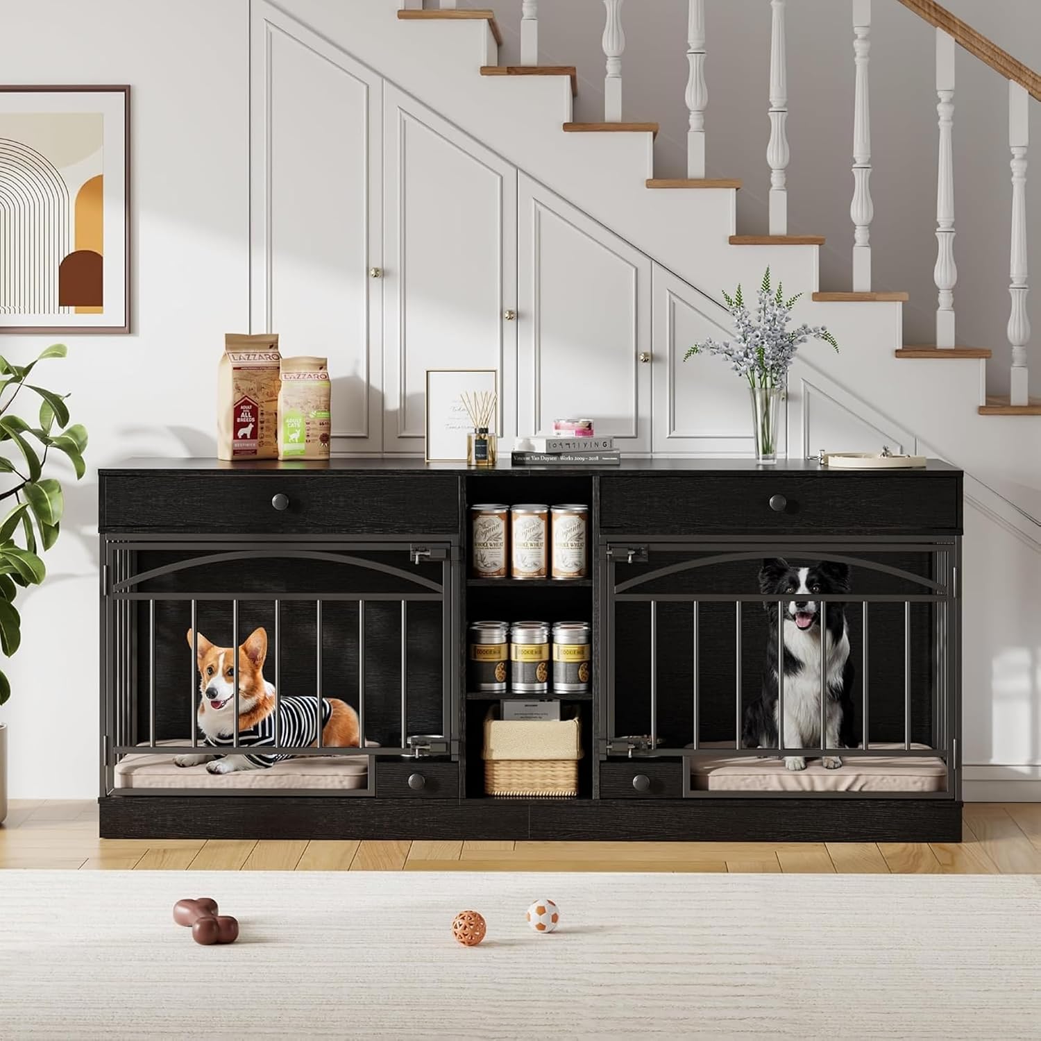 GAOMON Dog Crate Furniture for 2 Dogs, 78.7'' Large Dog Kennel Indoor with 2 Storage Drawers, 3 Shelves and Feeding Bowls, Double Dog Crate TV Stand for Small and Medium Dogs, Black