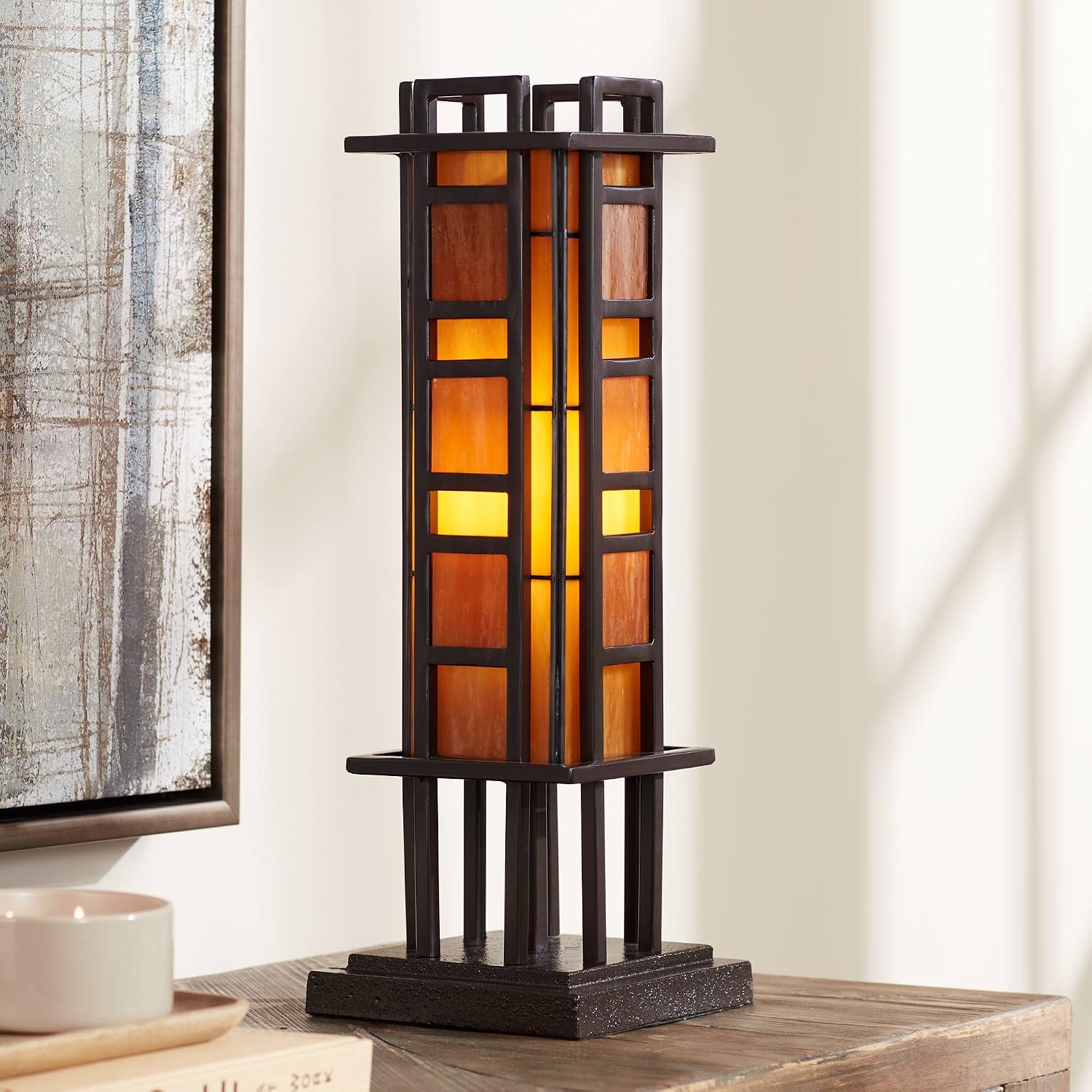 Robert Louis Tiffany Prairie Style Mission Rustic Pillar Accent Table Lamp Bronze Iron Column Hand-Cut Amber Stained Art Glass for Cottage Core Living Room Bedroom House Bedside Nightstand Family