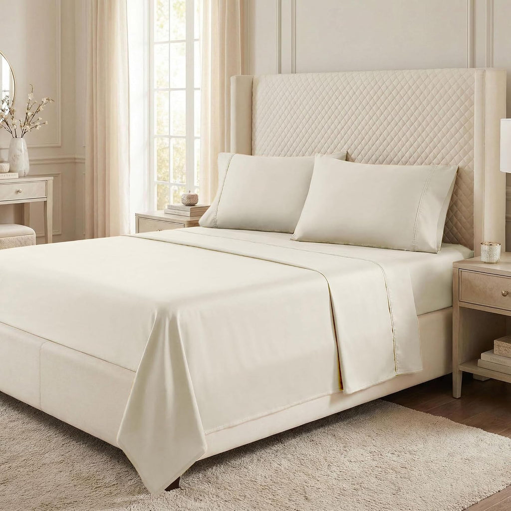 Superior Egyptian Cotton 530 Thread Count Bed Sheet Set, 1 Elastic Deep Pocket Fitted Sheet, 1 Flat Sheet, 2 Pillowcases, Soft Bedding, Luxury Sheets, Sateen Weave, California King Size, Ivory
