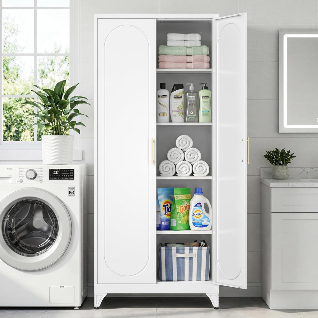 75' Tall Metal Storage Cabinet with 2 Doors and 4 Adjustable Shelves, 32'W x 16'D Heavy Duty Steel Pantry Cabinet for Kitchen, Garage, Home Office and Laundry Room, Cold-Rolled Steel, White