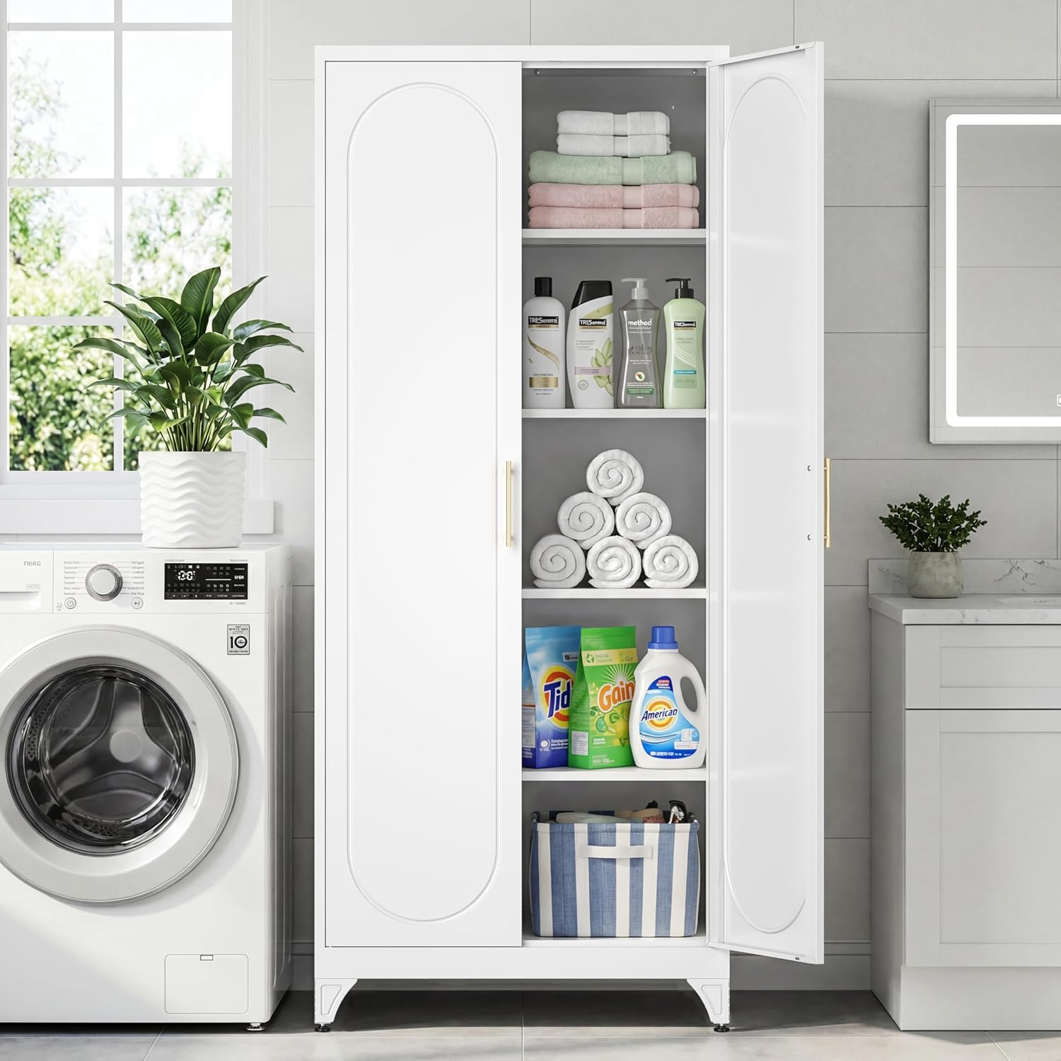 75' Tall Metal Storage Cabinet with 2 Doors and 4 Adjustable Shelves, 32'W x 16'D Heavy Duty Steel Pantry Cabinet for Kitchen, Garage, Home Office and Laundry Room, Cold-Rolled Steel, White