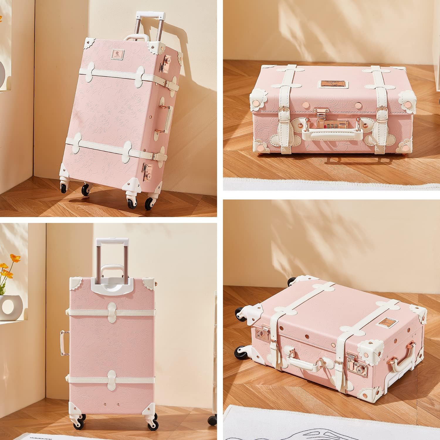 Unitravel 3 Piece Vintage Suitcase Set, Handcrafted Retro Luggage with TSA Lock and Carry On Cosmetic Train Case, Faux Leather Trunk Suitcase with Spinner Wheels for Women, Embossed Pink, 26'+20'+12'