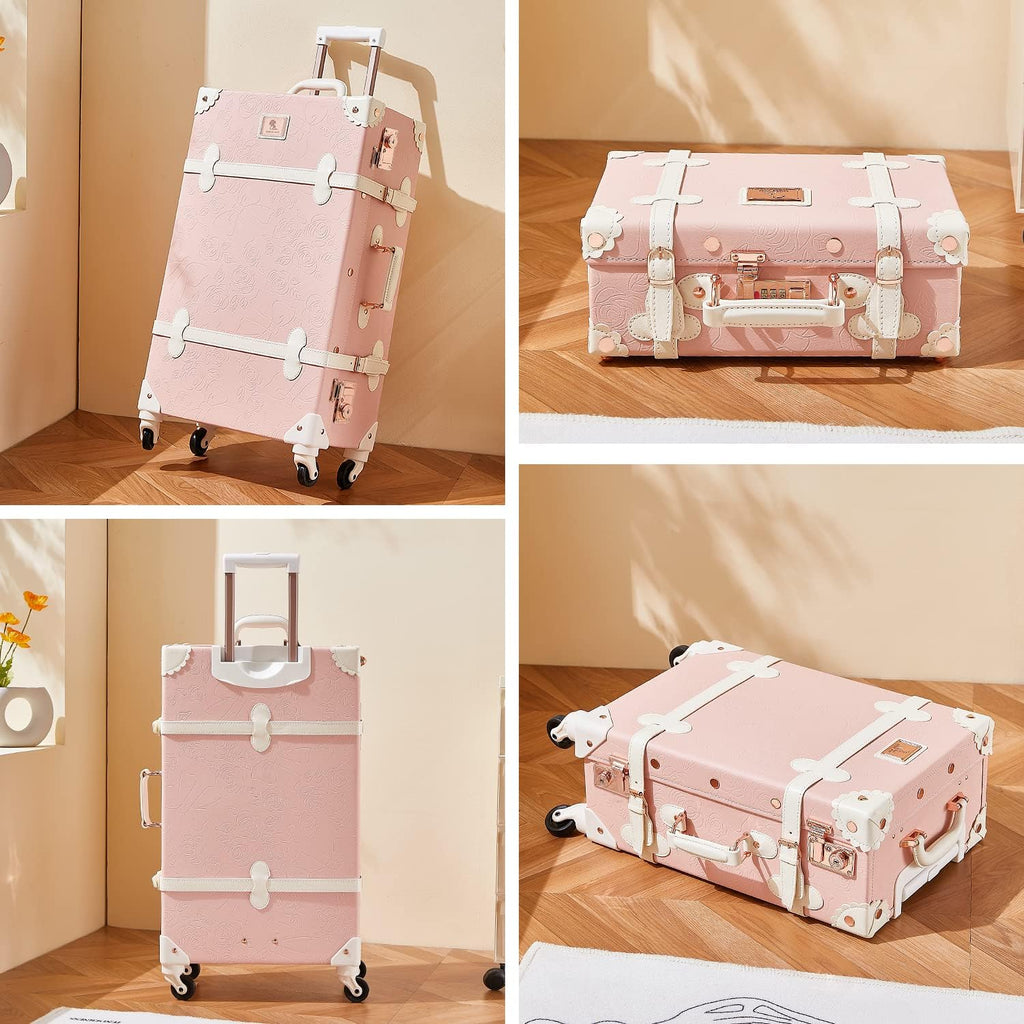 Unitravel 2 Piece Vintage Suitcase Set, 26' Women Cute Travel Luggage with 12' Handbag, Hardside Faux Leather Spinner Trunk with TSA Lock (Embossed Pink)
