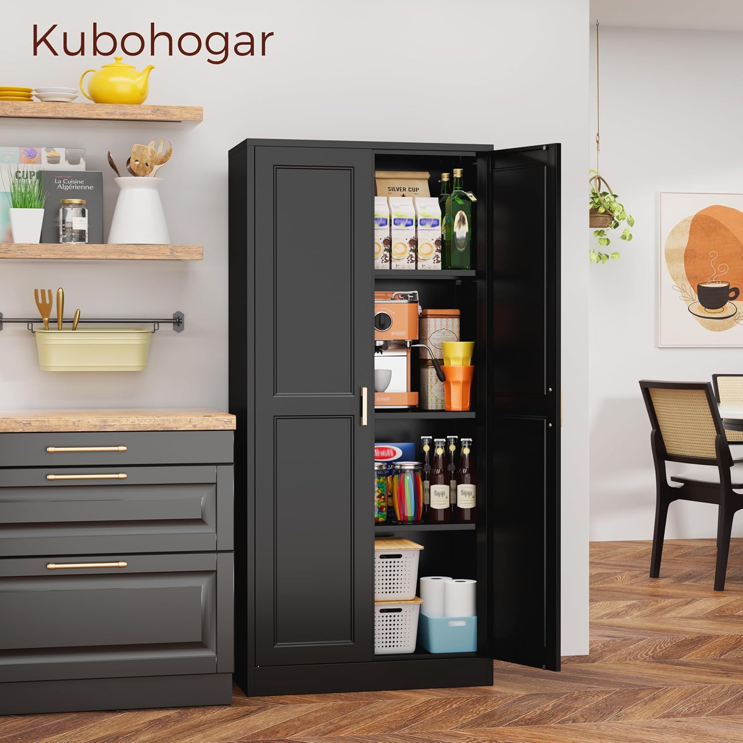 60' Tall Metal Pantry Cabinet, Black Kitchen Pantry Storage Cabinet with Doors and 3 Adjustable Shelves, Cupboard for Kitchen, Dining Room, Living Room, Bathroom