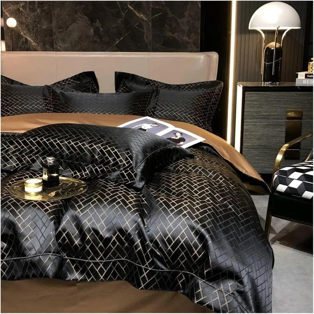 Luxury Black Gold Yarndyed Jacquard Egyptian Cotton Smooth Duvet Cover Queen King Bedding Set Flat Sheet Pillowcases, for All Seasons(Black Gold,King)