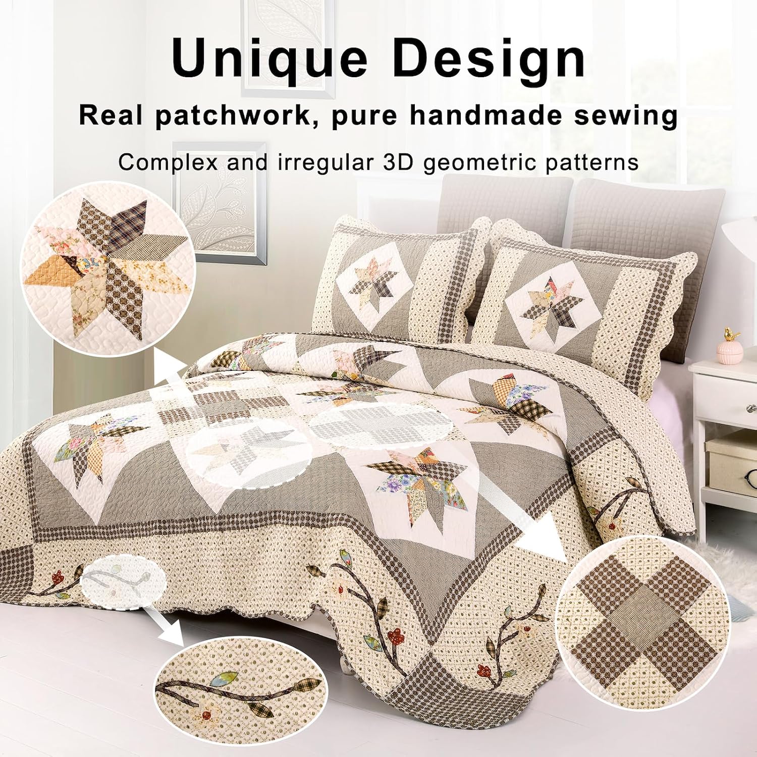 YAYIDAY Quilts Queen Size Patchwork Bedspread Set - 100% Cotton Reversible Breathable Brown Geometric Quilted Quilt with Pillow Shams for All Seasons