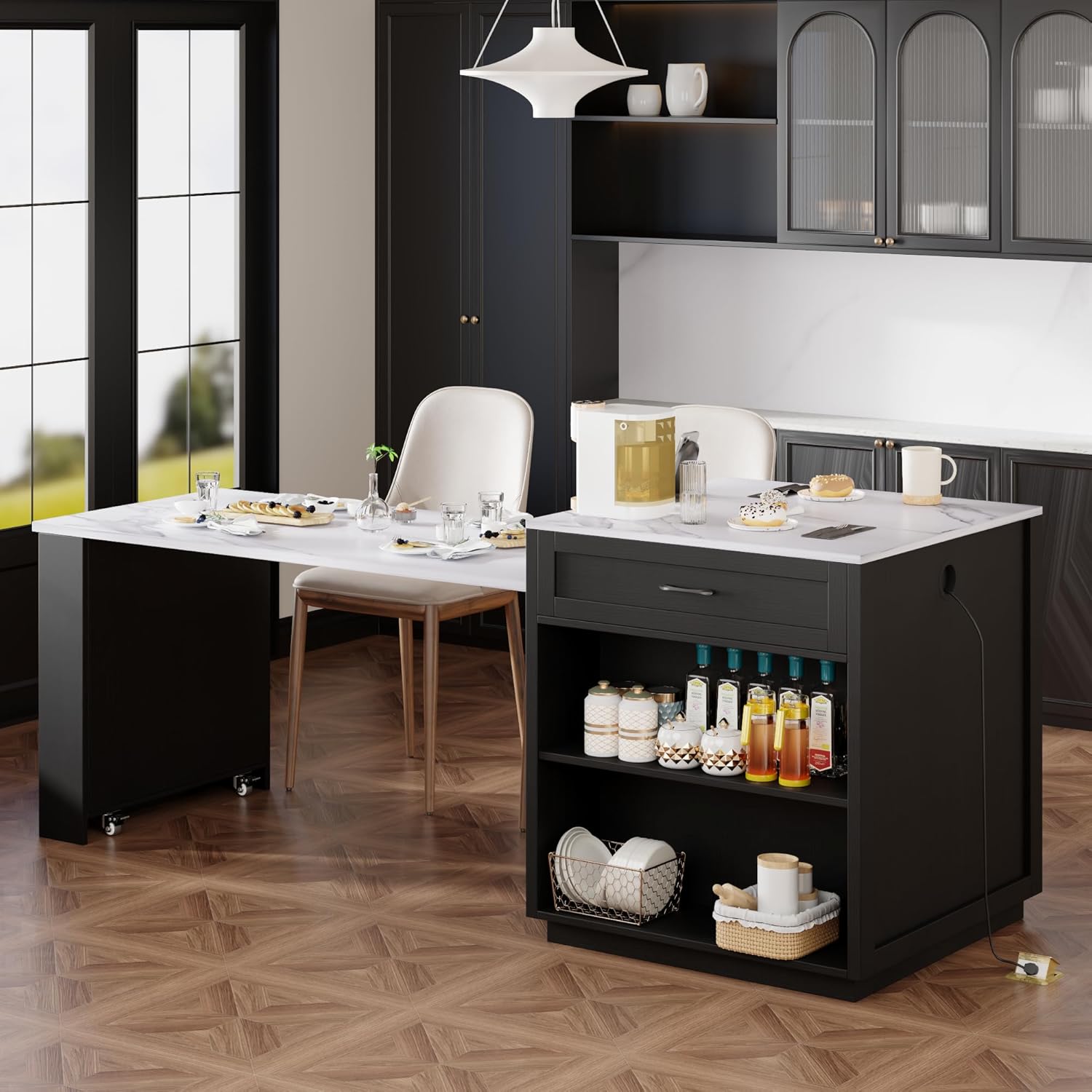 RUNNA Kitchen Island with Extendable Dining Table for 4-6 Person,Two-Tone Kitchen Table,Power Outlet Storage 2 Drawers 2 Side Open Shelves(Black~010)