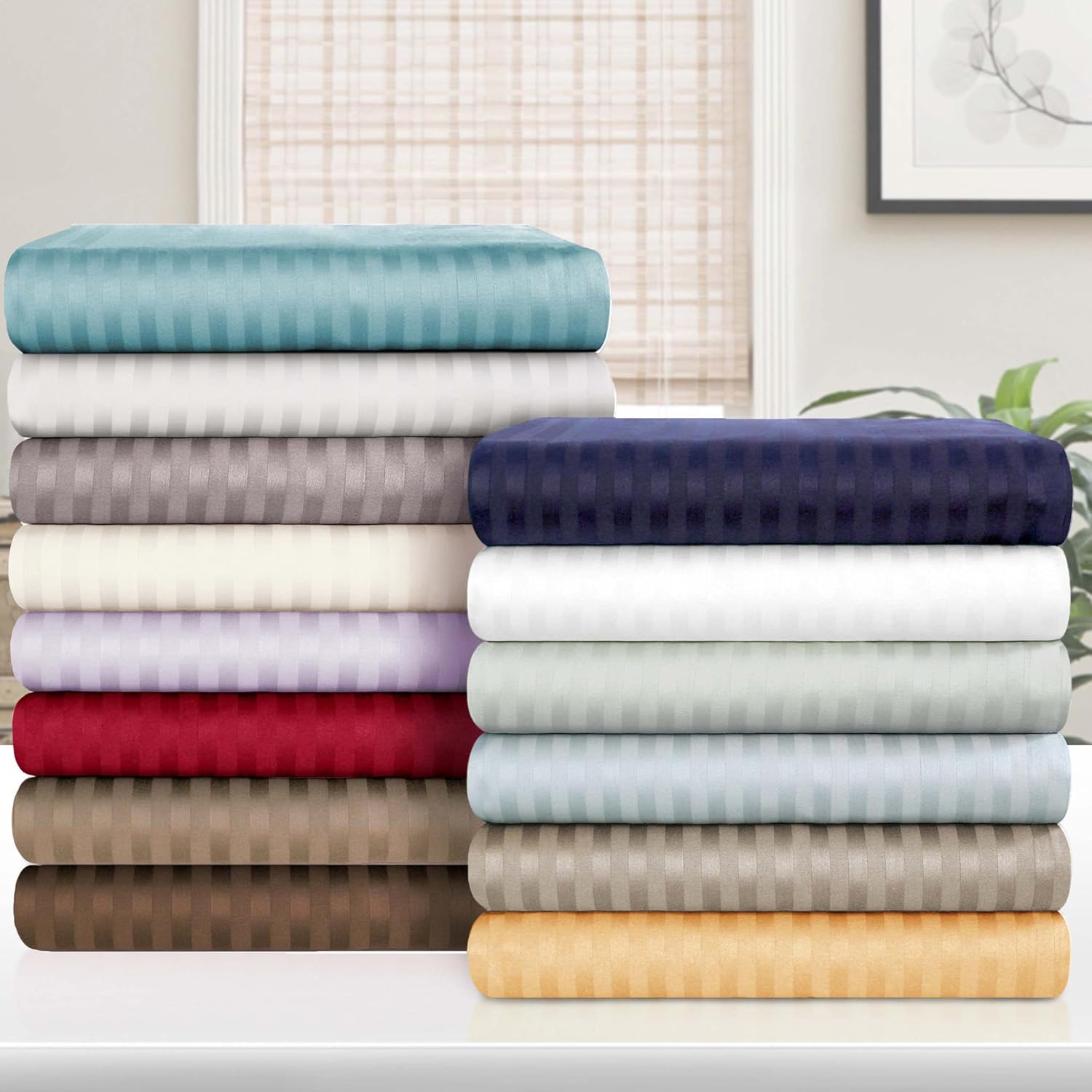 Superior Egyptian Cotton 300 Thread Count Bed Sheet Set, 1 Elastic Deep Pocket Fitted Sheet, 1 Flat Sheet, 2 Pillowcases, Daily Sheets, Luxury Home Essentials, Striped, Olympic Queen, Burgundy