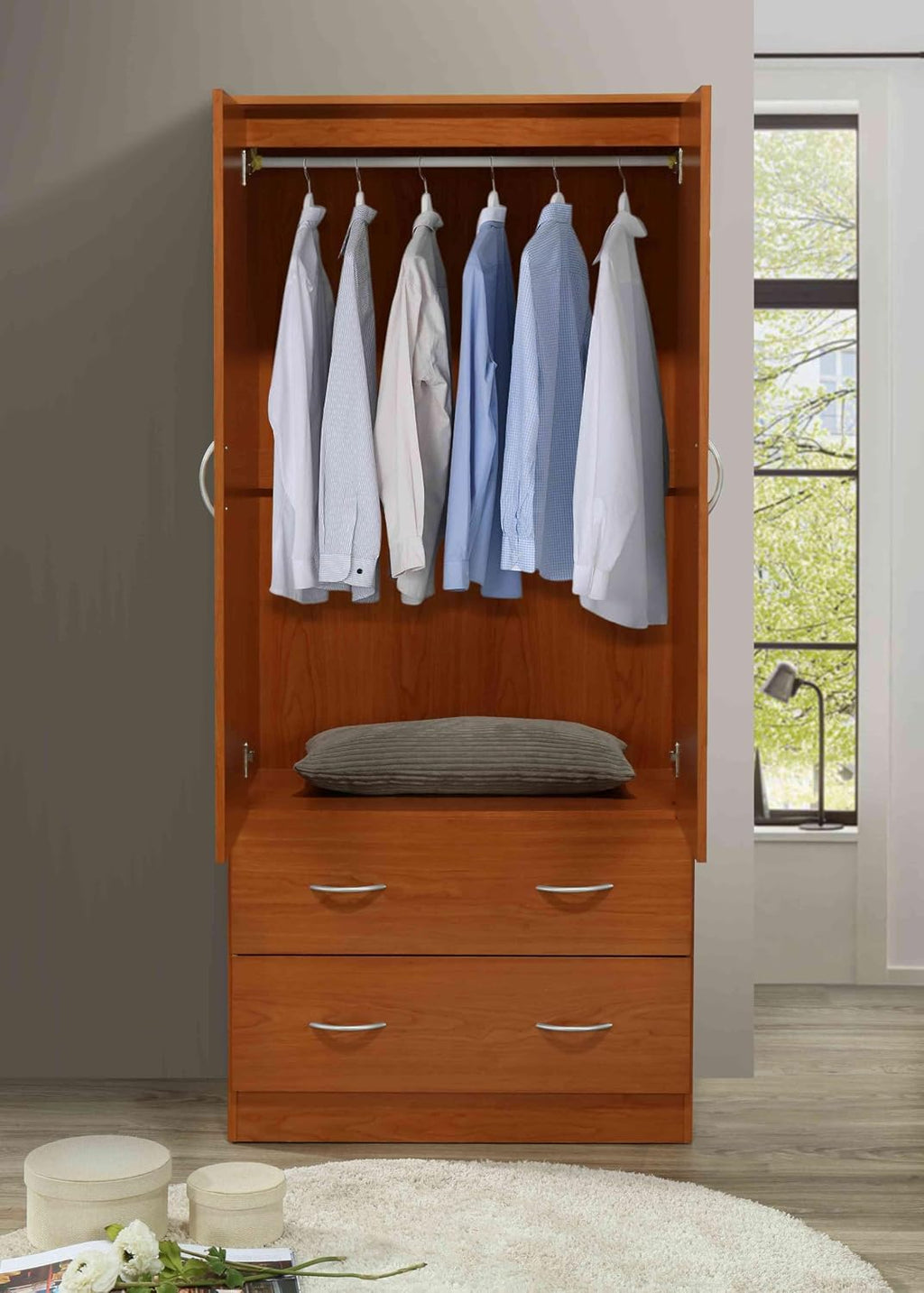 HODEDAH 2 Door Wood Wardrobe Bedroom Closet with Clothing Rod Inside Cabinet, 2 Drawers for Storage and Mirror, Cherry