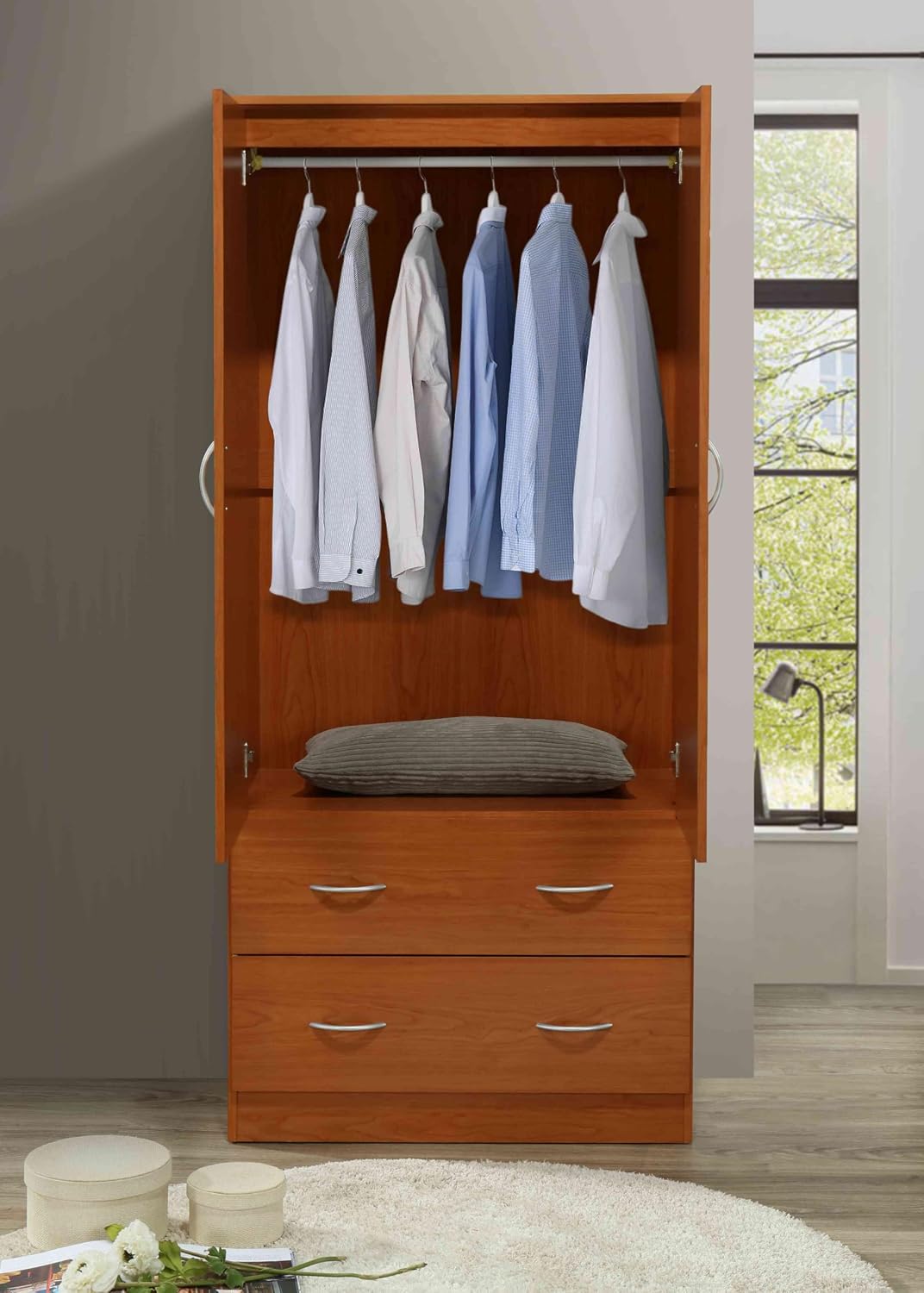 HODEDAH 2 Door Wood Wardrobe Bedroom Closet with Clothing Rod Inside Cabinet, 2 Drawers for Storage and Mirror, Cherry
