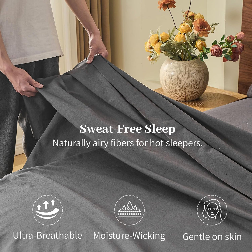 MEISHANG 100% French Pure Linen Sheets Queen Size - Bed Sheets 4 Piece Sets, Soft Durable Flax Linen, Anti-Tear Breathable Oeko-Tex Certified with 16' Deep Pocket (Dark Grey)