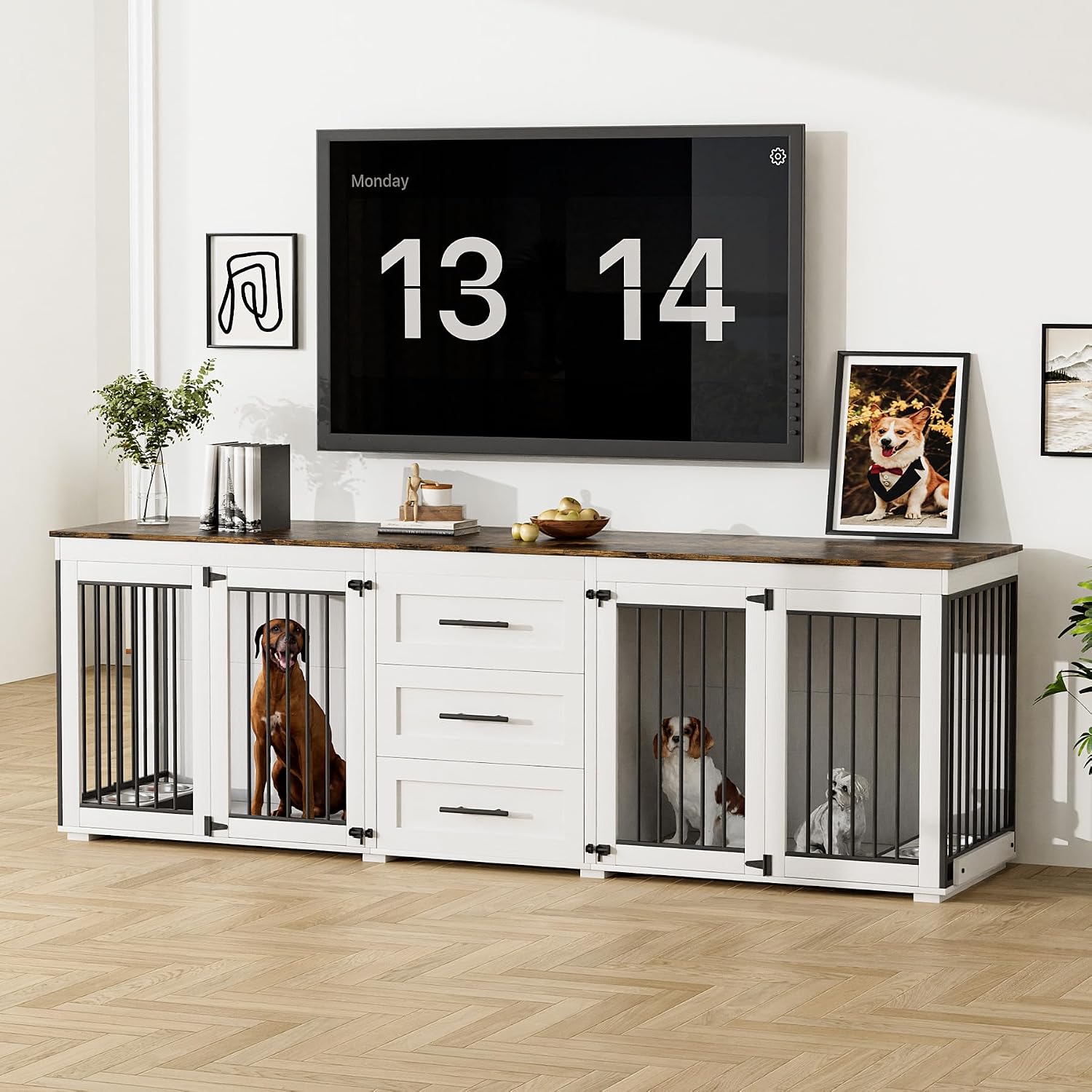 Rophefx 94.5' Dog Crate Furniture for 2 Dogs, Large Dog Kennel Furniture with 3 Storage Drawer, Wooden Dog Cage with 4 Bowls, Indoor Dog House TV Stand with Locks for Large Medium Dog, White Brown