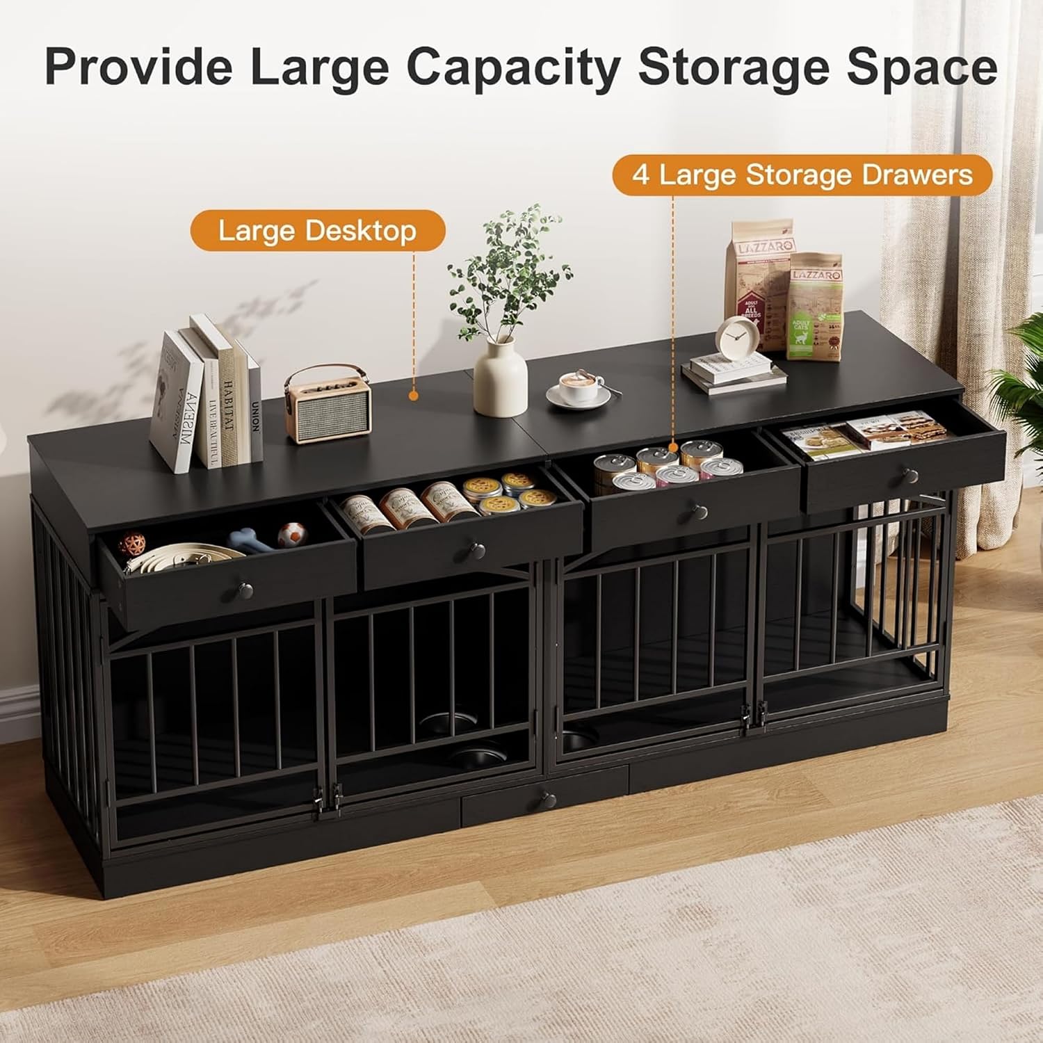 GAOMON Dog Crate Furniture for 2 Dogs, 78.7'' Large Dog Kennel Indoor with 4 Storage Drawers and Feeding Bowls, Double Dog Crate TV Stand for Small and Medium Dogs, Black