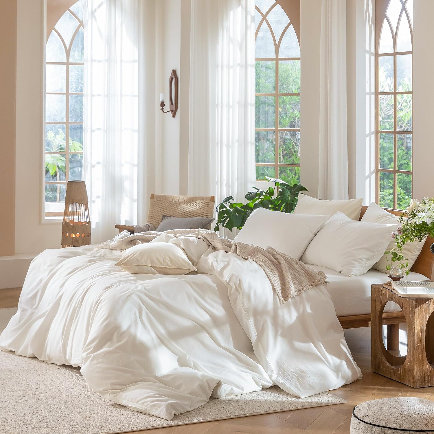 MooMee Bedding Duvet Cover Set 100% Washed Cotton Linen Like Textured Breathable Durable Soft Comfy (Solid Off White, Super King Plus 120'x120')