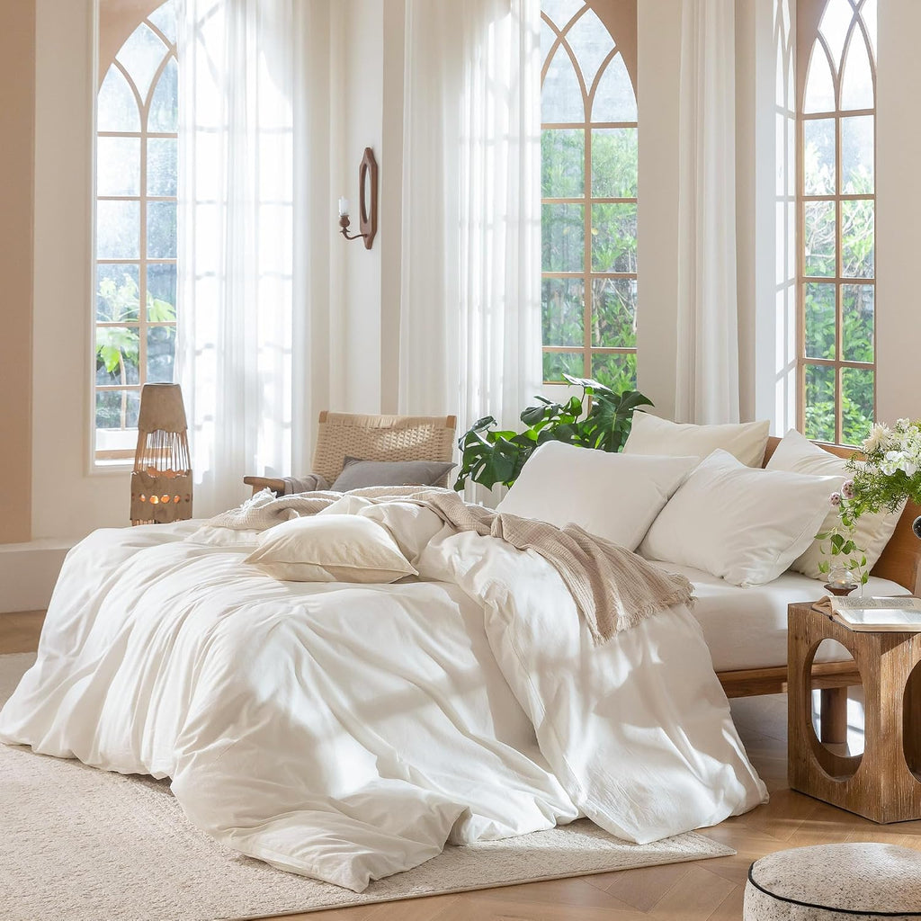 MooMee Bedding Duvet Cover Set 100% Washed Cotton Linen Like Textured Breathable Durable Soft Comfy (Solid Off White, Alaska King 132'x120')