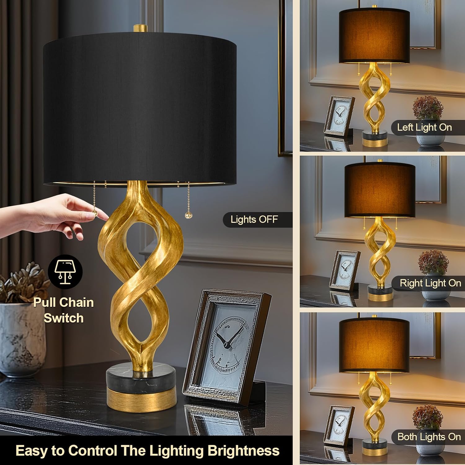 Sculptural Table Lamp Set of 2 for Bedroom, 26' Gold Leaf Farmhouse Bedside Lamps for Living Room, Pull Chains Switch Rustic Nightstand Lamp Marble Base with USB for Home Room Decor (Bulbs Included)
