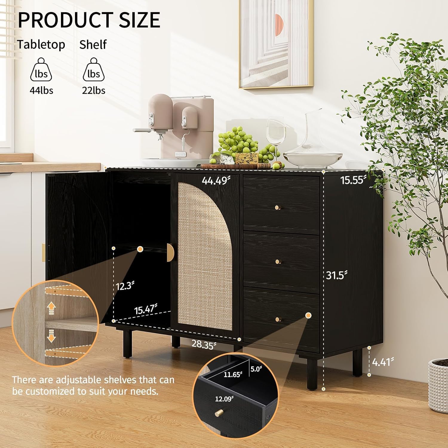 Black 44.8'' Modern Rattan Sideboard Buffet with 2 Door 3 Draw, Minimalist Cabinet for Living/Kitchen/Hallway Storage,Multi-Scene (TV Stand/Buffet), Boho/Scandinavian Style