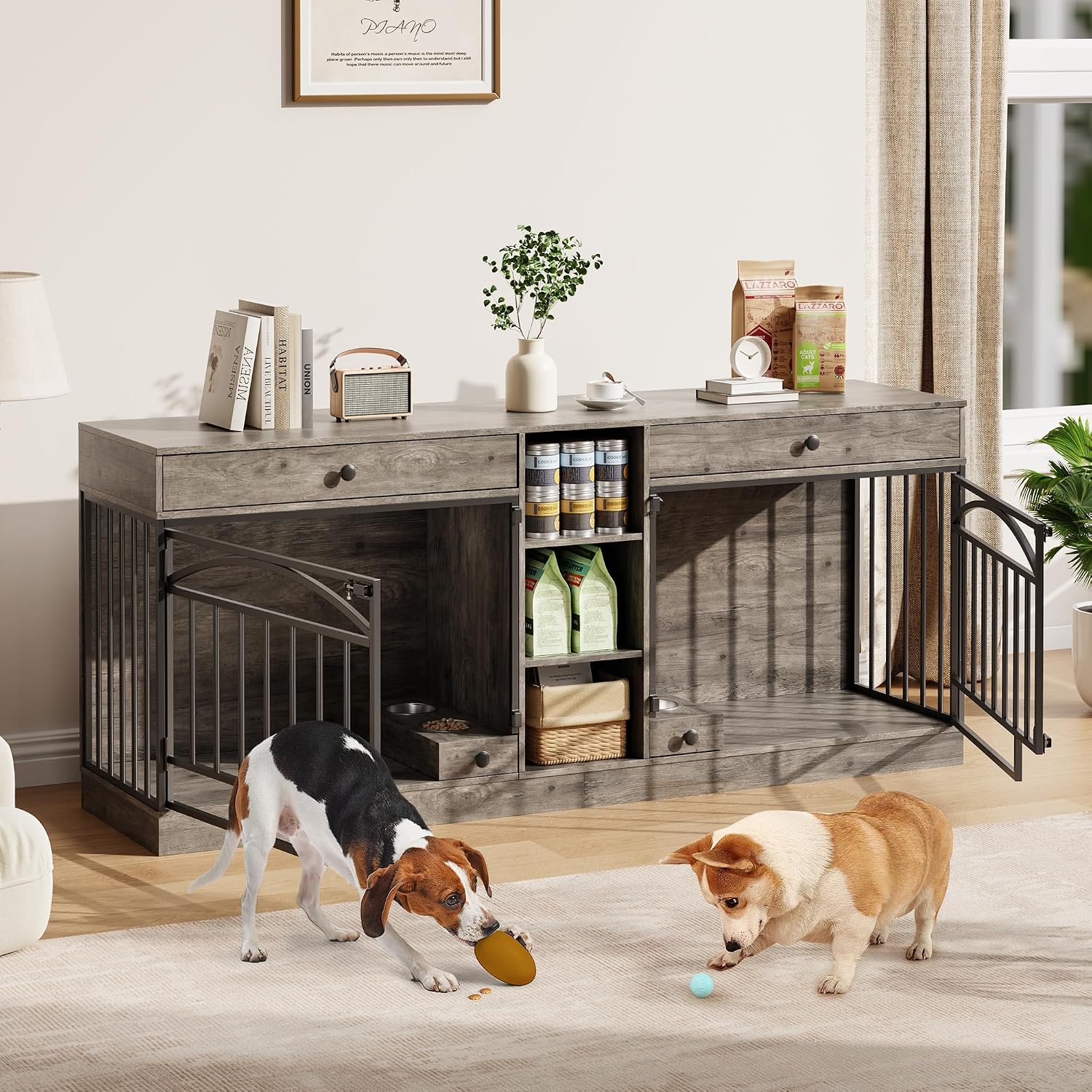 Garvee Dog Crate Furniture for 2 Dogs, Dog Kennel Indoor with Storage and Feeding Bowls, Double Dog Crate TV Stand for Small Medium Dogs, Grey