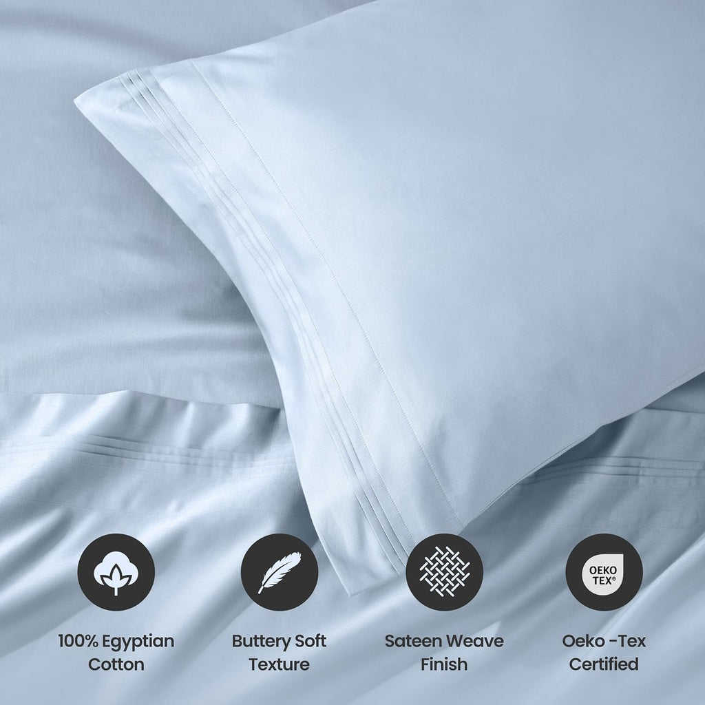 Superior Egyptian Cotton 4 Piece Sheet Set, Luxury 1000 Thread Count, Eco-Friendly, Sustainable Sheets, Ultra-Soft Basics, Solid, Deep Pocket Fitted Sheet, Flat Sheet, Pillowcases, Queen, Light Blue