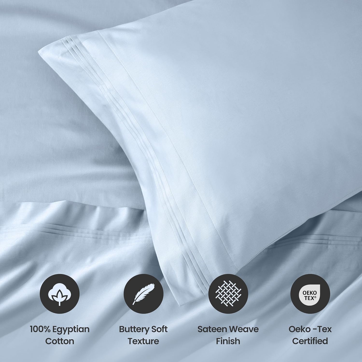 Superior Egyptian Cotton 4 Piece Sheet Set, Luxury 1000 Thread Count, Eco-Friendly, Sustainable Sheets, Ultra-Soft Basics, Solid, Deep Pocket Fitted Sheet, Flat Sheet, Pillowcases, Queen, Light Blue