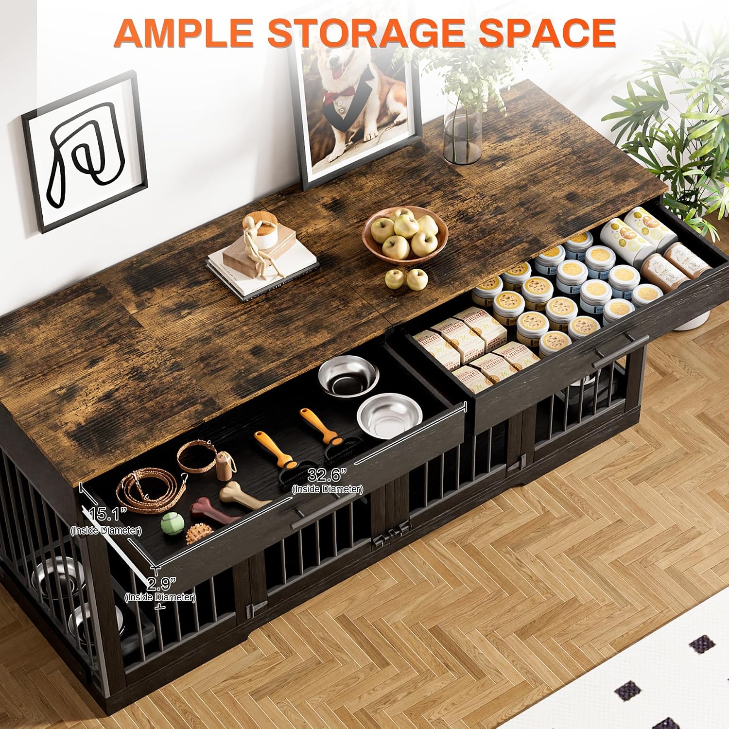 Rophefx 72' Dog Crate Furniture for 2 Dogs, Large Dog Kennel Furniture with 2 Storage Drawers and 4 Bowls, Wooden Dog Cage with Removable Divider, Indoor Dog House TV Stand for Medium Dog, Black