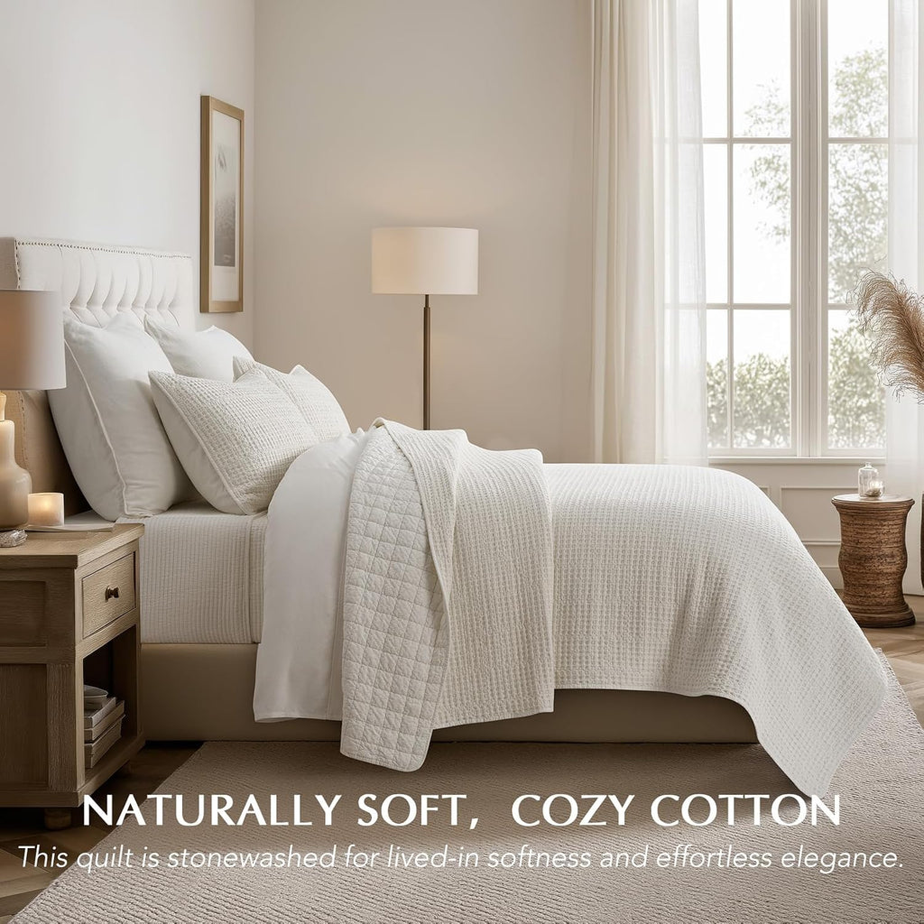 EverGrace Stonewashed 100% Natural Cotton Waffle Quilt Set Queen Size 3 Pieces, Durable, Textured & Substantial Bedding, Quilted Coverlet Bedspread with 2 Shams for All Seasons, Bright White