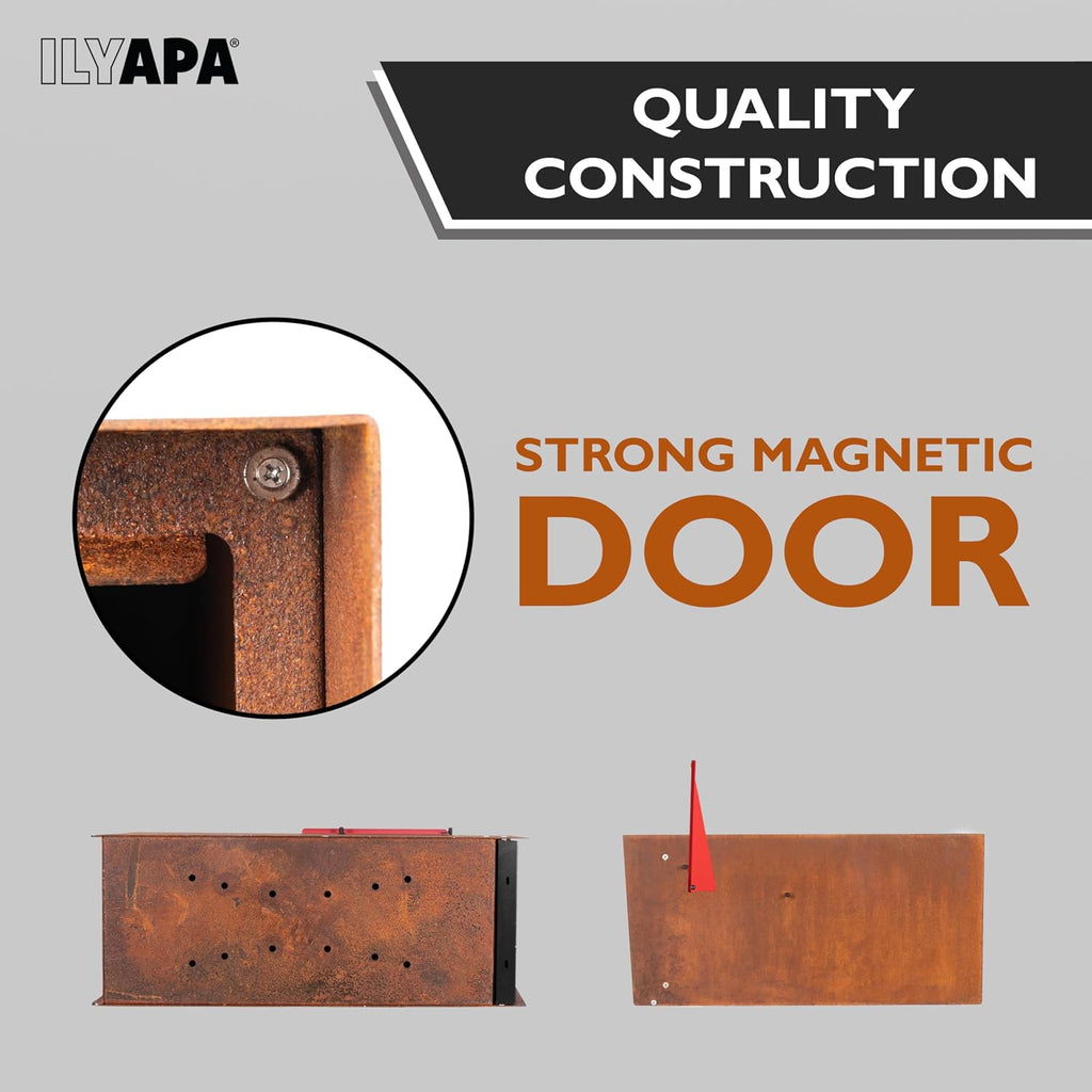 Ilyapa Modern Mailbox for Post Mount - Corten Steel Rusted Finish with Black Door Powder Coated Steel, with Recessed Magnetic Close Door