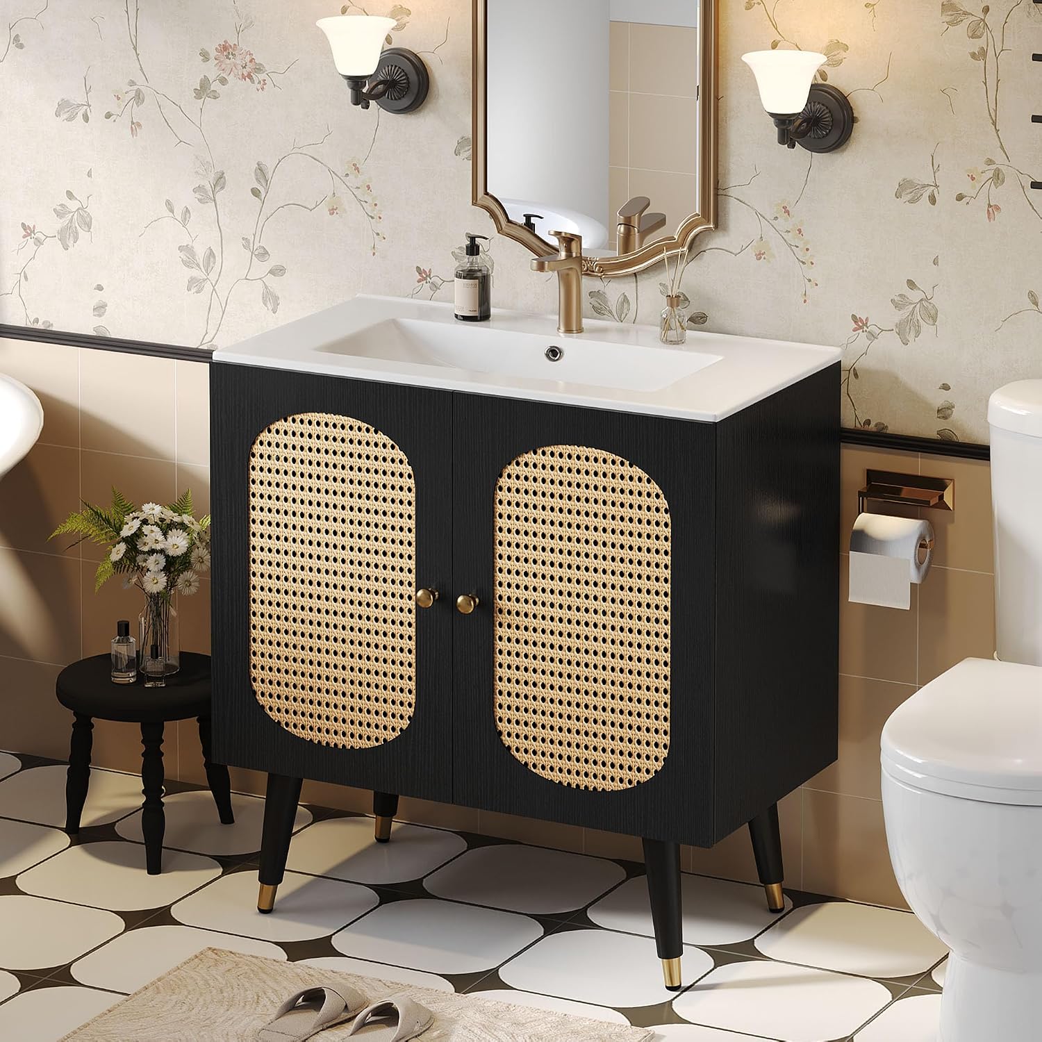 DWVO 36 Inch Rattan Vanity with Sink, Freestanding Bathroom Vanity Cabinet, Boho Style with 2 Large Soft-Closing Doors & Four-Sided Water Barrier Strip, Black