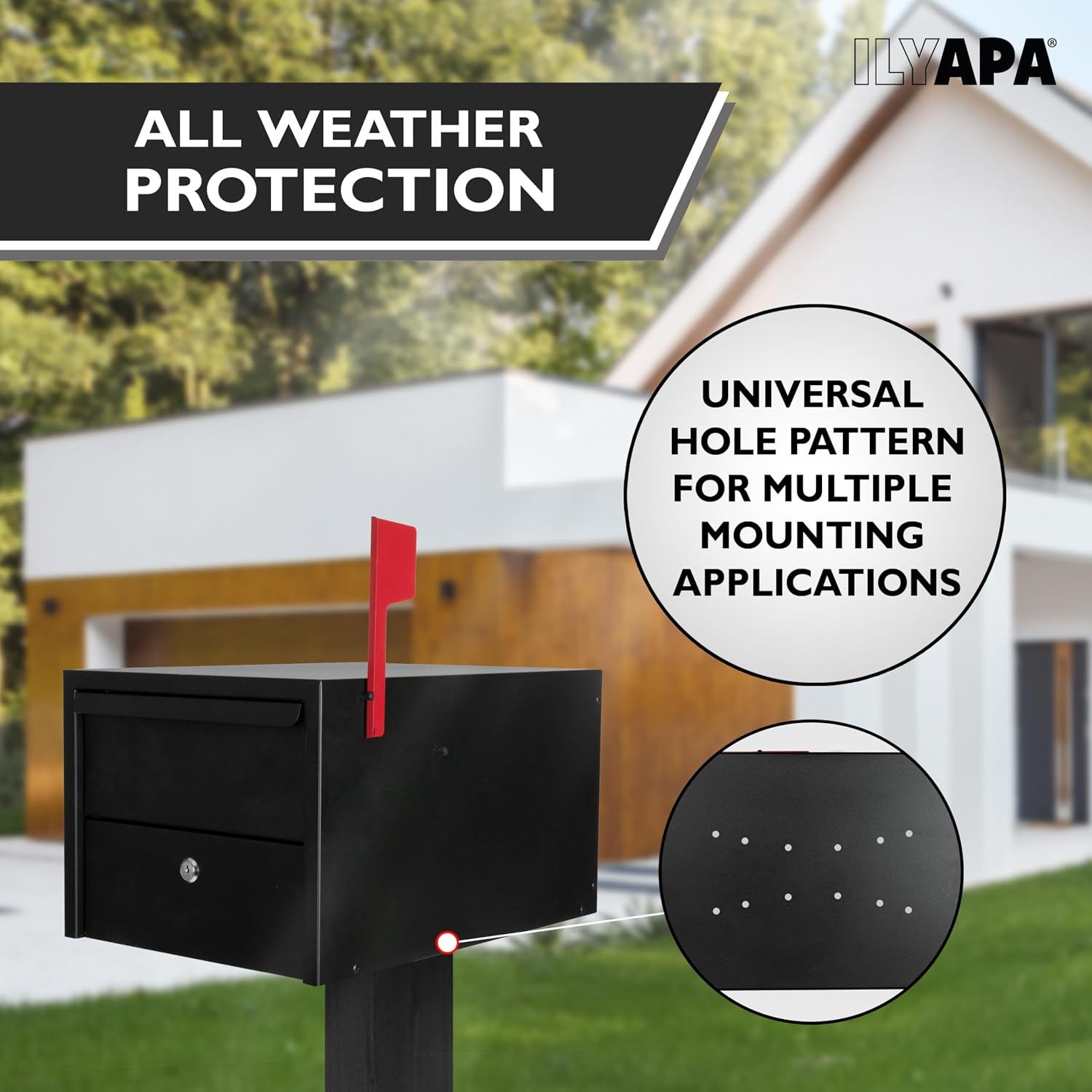 Ilyapa Locking Mailbox with Lock and Key Modern Mailboxes for Outside Post Mount - Black Powder Coated Steel, All Weather & Corrosion Resistant, Stainless Steel, Security