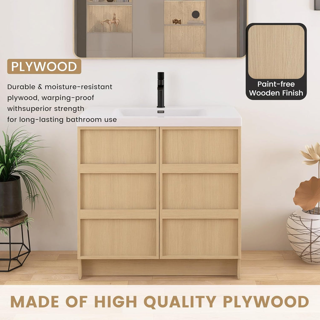 36 Inch Bathroom Vanity with Sink, 36' Freestanding Storage Cabinet Combo, 2 Soft Close Doors and Resin Basin, Modern Brown Floor Standing Vanity Set, Plywood Construction
