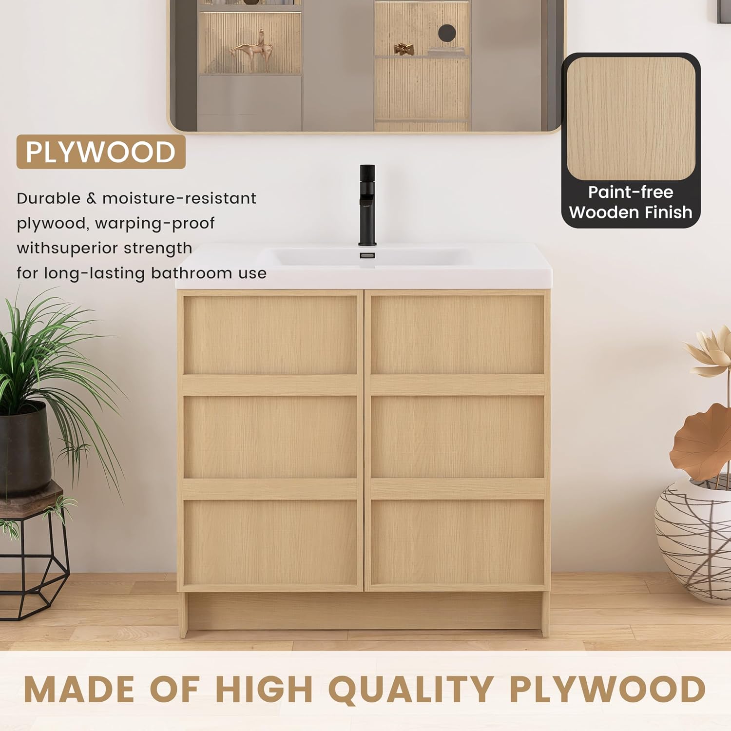 36 Inch Bathroom Vanity with Sink, 36' Freestanding Storage Cabinet Combo, 2 Soft Close Doors and Resin Basin, Modern Brown Floor Standing Vanity Set, Plywood Construction