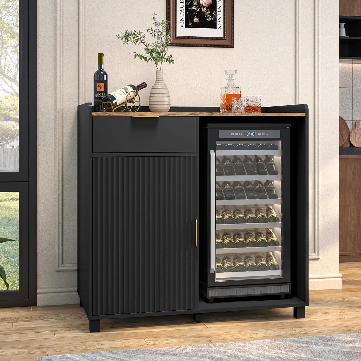 Bar Cabinet with Fridge Space&Fluted Door, Mini Fridge Cabinet with Wine Storage, Modern Sideboard Buffet Cabinet Coffee Station for Dining Room, Living Room, Kitchen, Black