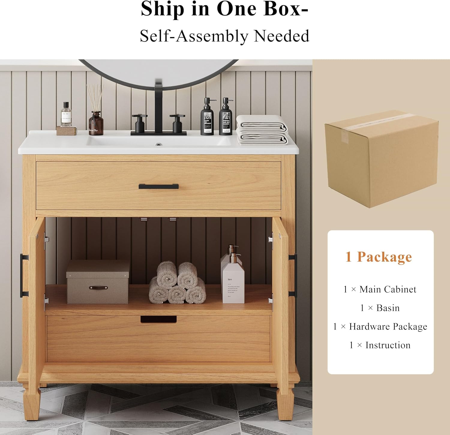 36' Rattan Bathroom Vanity with Sink, Bathroom Vanities with Soft Close Doors & Drawers, Freestanding Bathroom Sink Cabinet with Solid Wood Legs & Large Space Storage, Modern Vanity, Natural