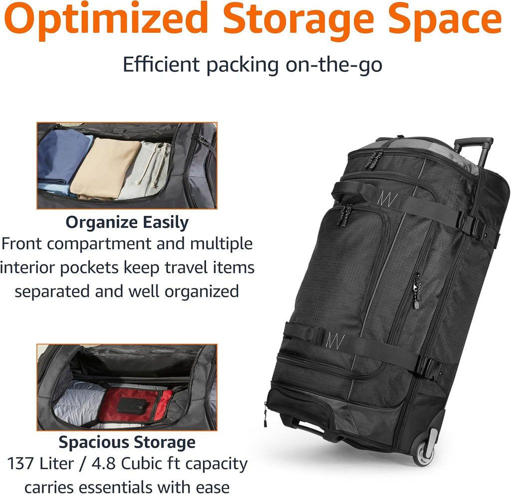 Amazon Basics 35-inch Large Rolling Duffel Bag with Wheels and Handle, Travel Duffle with Durable Ripstop Polyester Material, 2 Layers of Storage Space, Multiple Interior and Exterior Pockets, Black