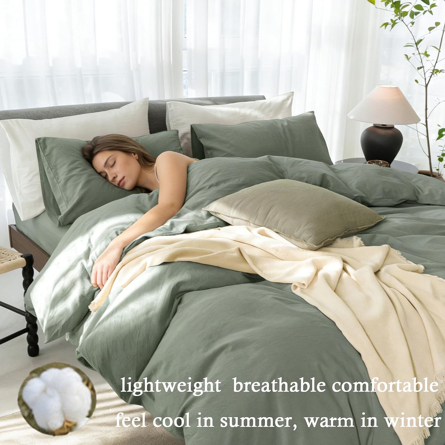 Oversized King Plus Cooling Duvet Cover Set - 3 Pieces 100% Cotton Bedding, Breathable, Crisp Linen-Like Texture, Naturally Soft & Gets Better，Hidden Zipper & Corner Ties – Green, 128'x120'