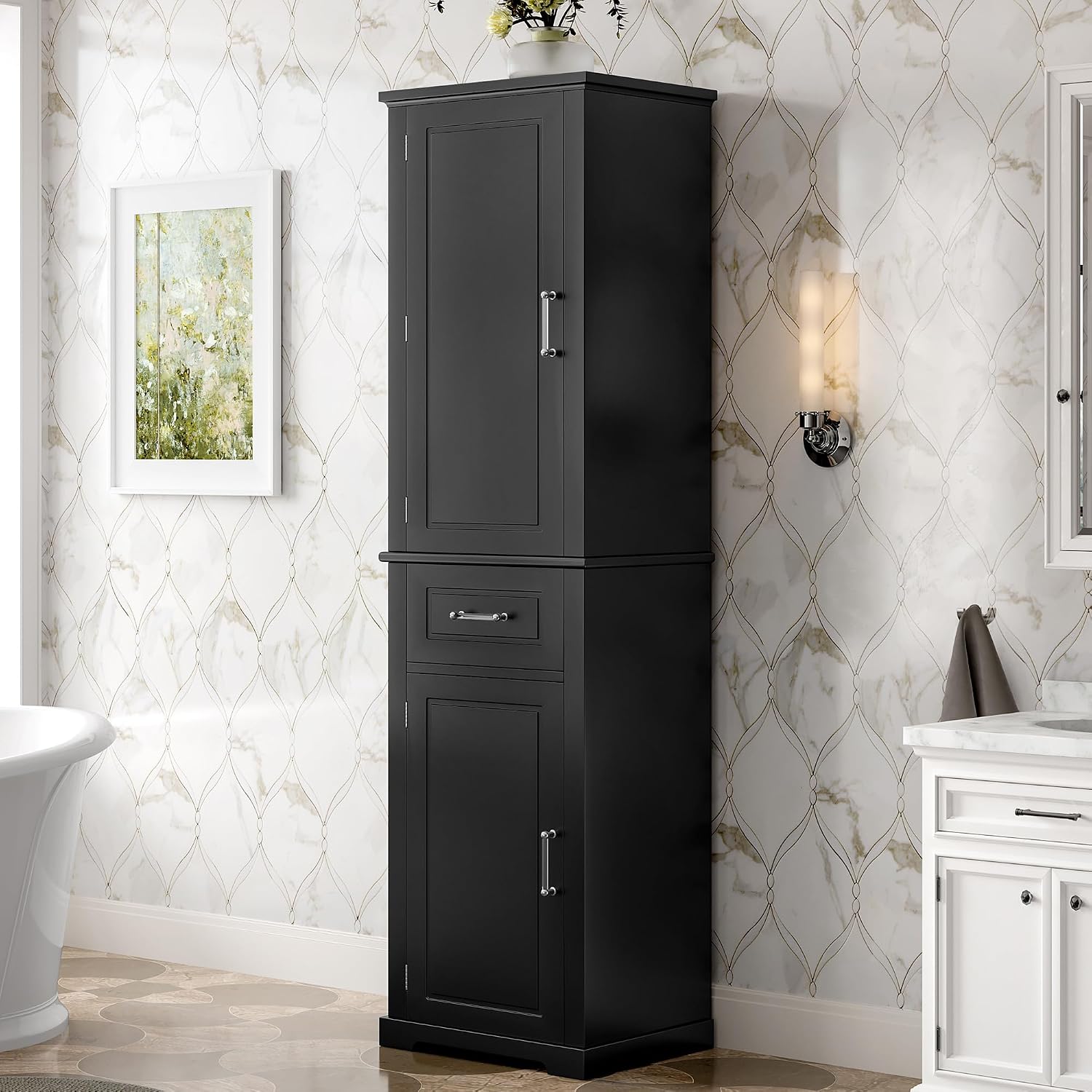 Tall Bathroom Storage Cabinet, Freestanding Bathroom Accent Storage Cabinet with Doors & Adjustable Shelves & Built-in Door Shelf for Home Kitchen, Living Room (Black Style3)
