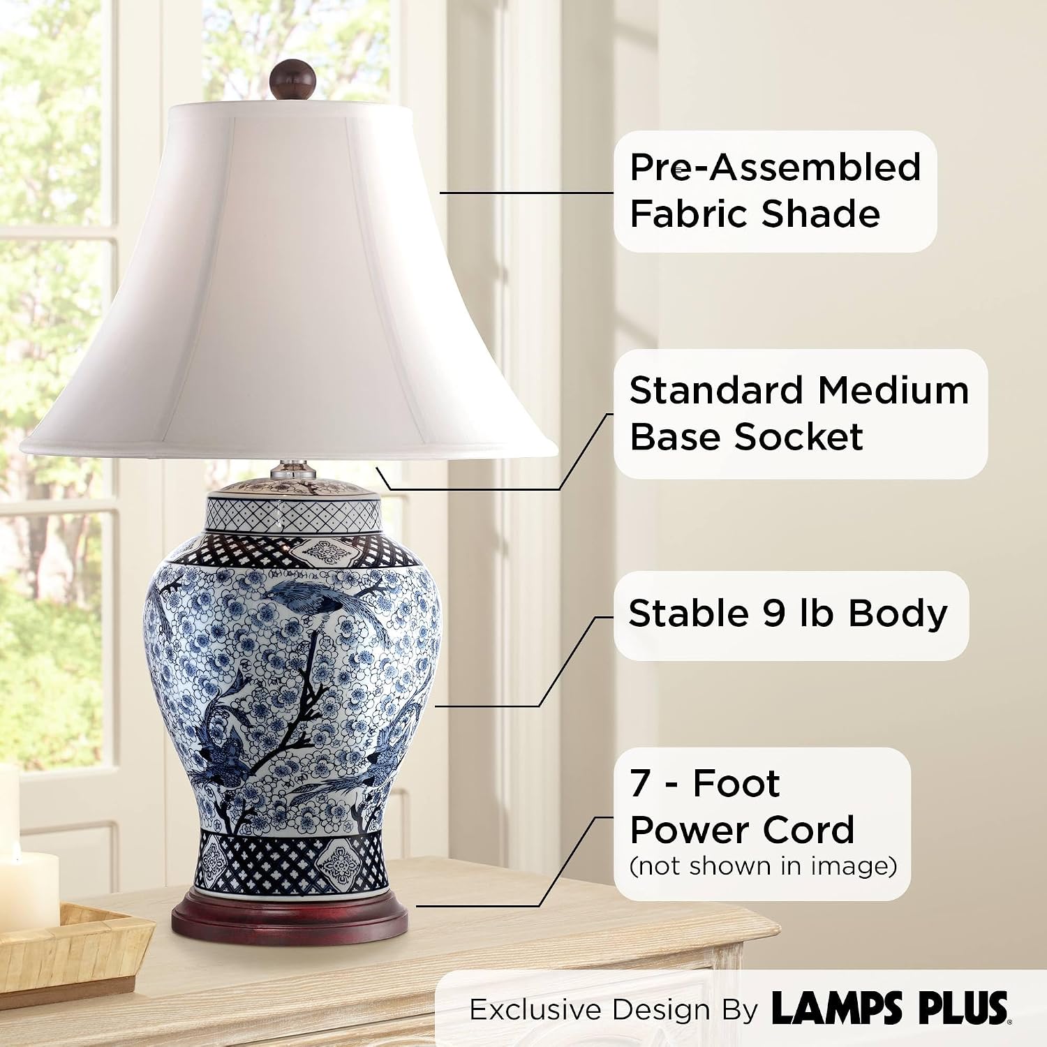 Barnes and Ivy Shonna Asian Chinese Ginger Jar Table Lamp 27' Tall Porcelain Blue White Bird and Branch Bell Shade Decor for Living Room Bedroom House Bedside Nightstand Home Office Entryway