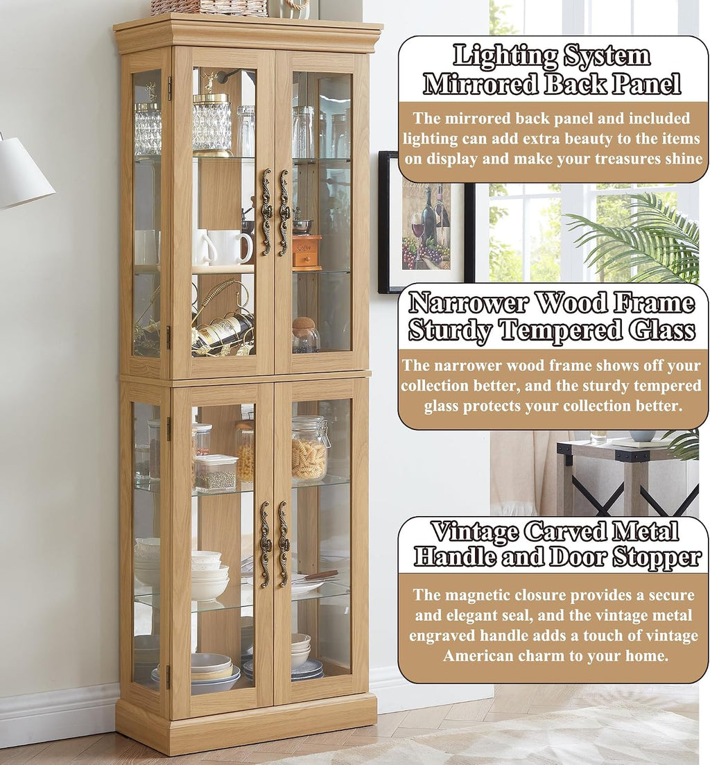 71' H Lighted Curio Cabinet Display Case, Glass Curio Cabinets with Adjustable Shelves and Tempered Glass Door, Wooden Cabinet w/Mirrored Back Pane for Living Room (Light Oak)