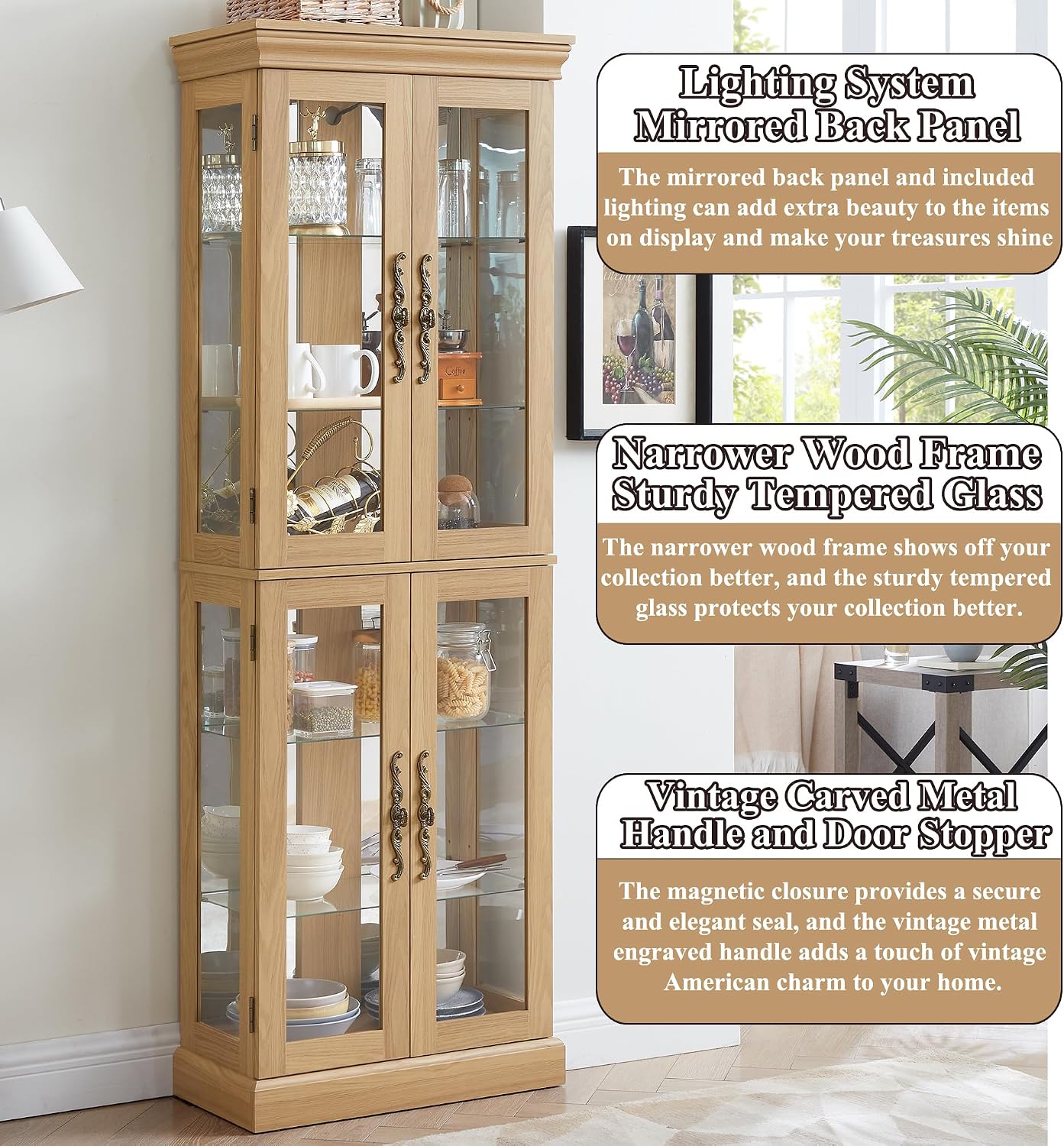 71' H Lighted Curio Cabinet Display Case, Glass Curio Cabinets with Adjustable Shelves and Tempered Glass Door, Wooden Cabinet w/Mirrored Back Pane for Living Room (Light Oak)