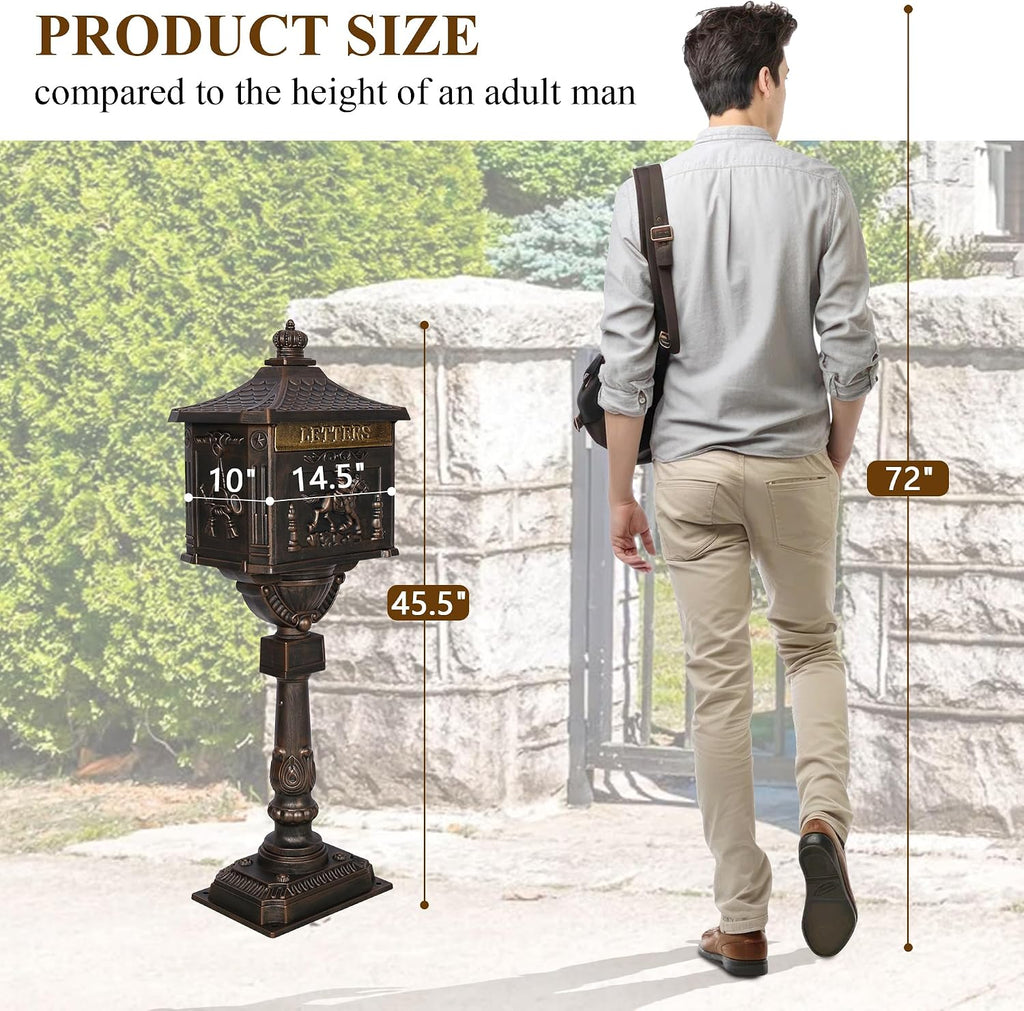 Mailbox, Heavy Duty Cast Aluminum Postal Box, Mail Box with 2 Keys for Courtyard Villa Decoration - Bronze