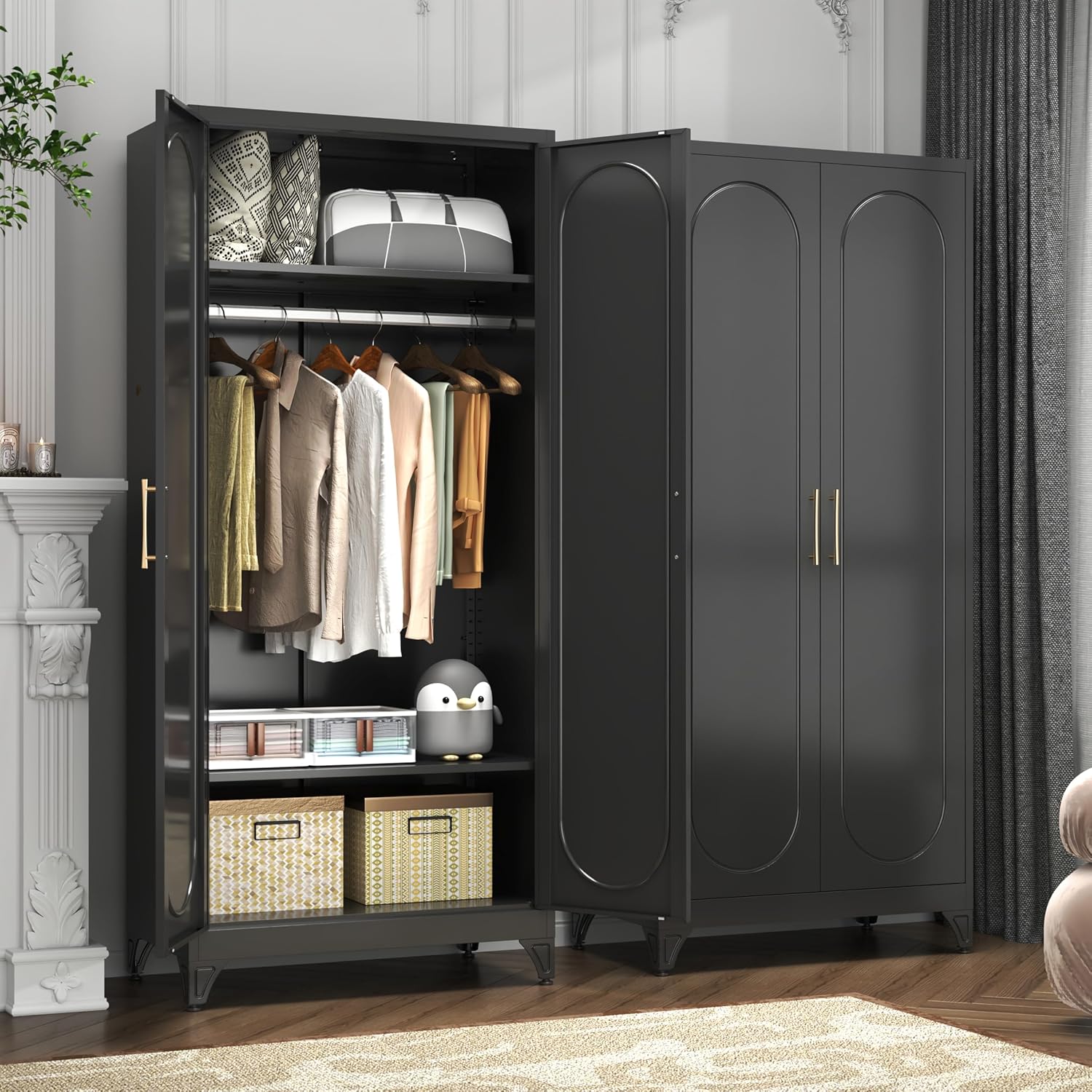 Metal Armoire Wardrobe Closet with 2 Doors, 71' Black Wardrobe Cabinet with Hanging Rod and Adjustable Shelves, Tall Clothing Storage Cabinets for Bedroom, Laundry Room, Home Office