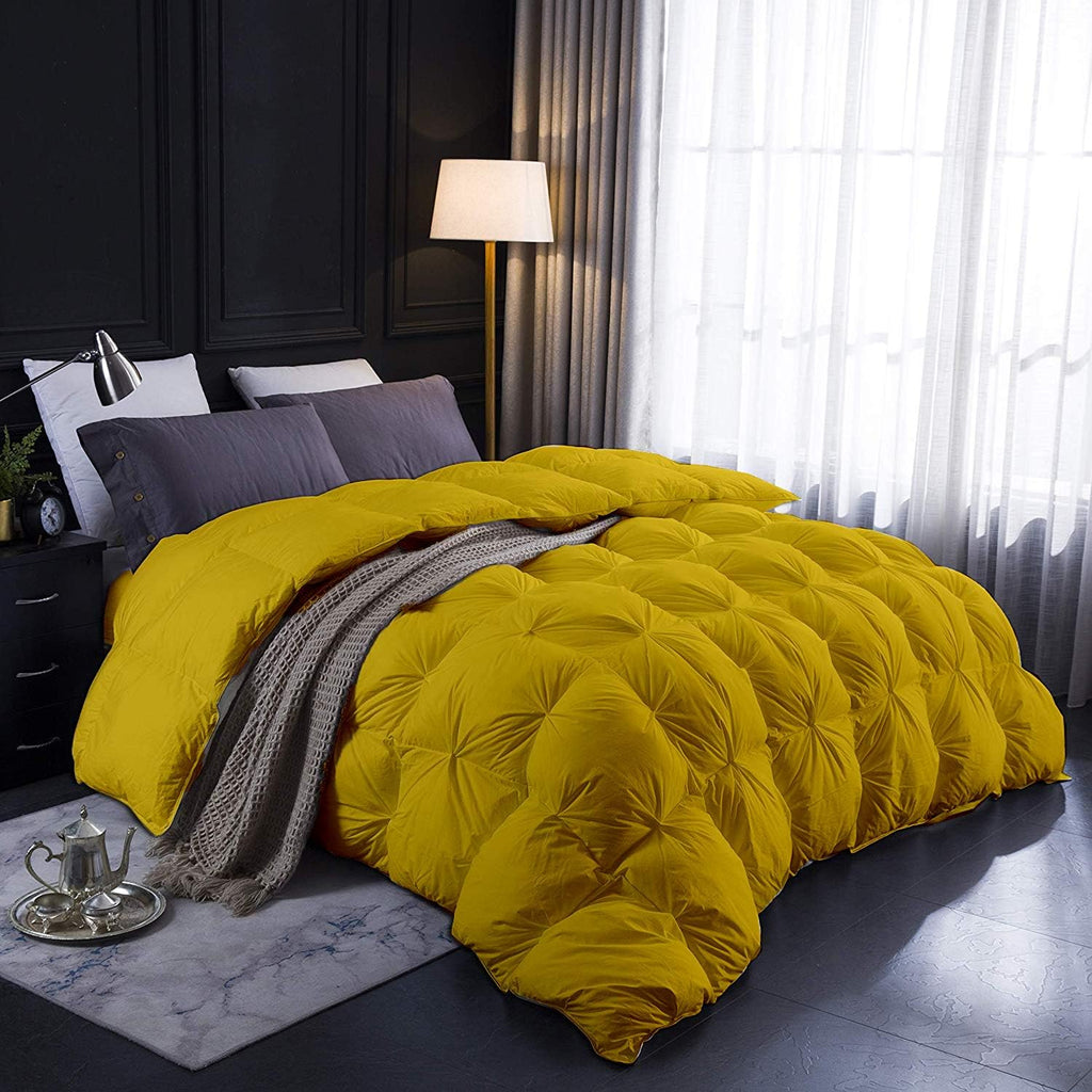 Gold Solid Fluffy Soft 1000-TC Pinch Pleated Down Comforter- Oversized Queen Size 98 x 98 Inches 1 Piece All-Season Duvet Insert, 500 GSM with Corner Tabs 100% Egyptian Cotton- (Gold)