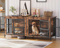 Grepatio 79' Double Dog Crate Furniture, Large Dog Kennel for 2 Dogs, Indoor Wooden Crate with Rotating Feeder Bowls and 4 Doors, Heavy Duty Dog House TV Stand with Removable Divider