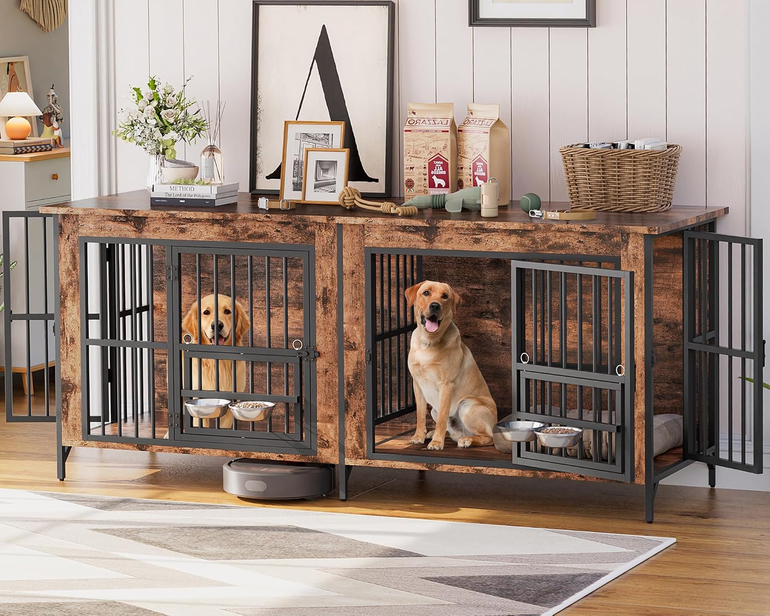 Grepatio 79' Double Dog Crate Furniture, Large Dog Kennel for 2 Dogs, Indoor Wooden Crate with Rotating Feeder Bowls and 4 Doors, Heavy Duty Dog House TV Stand with Removable Divider