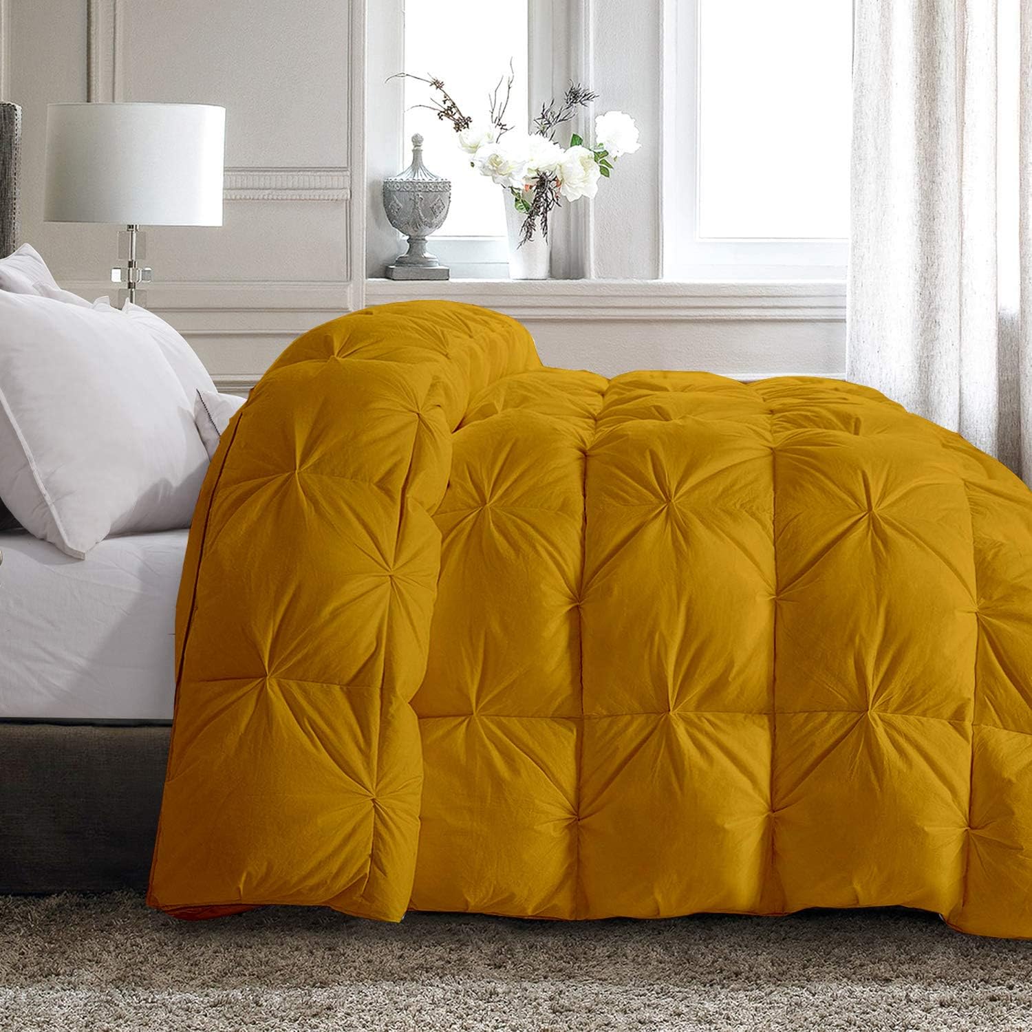 Pinch Pleated Soft 400 GSM All Season Gold 5 Piece Queen Size Comforter Set (Comforter + 4 Pillowcases) 600 Series Egyptian Cotton Comforter Bedding Set