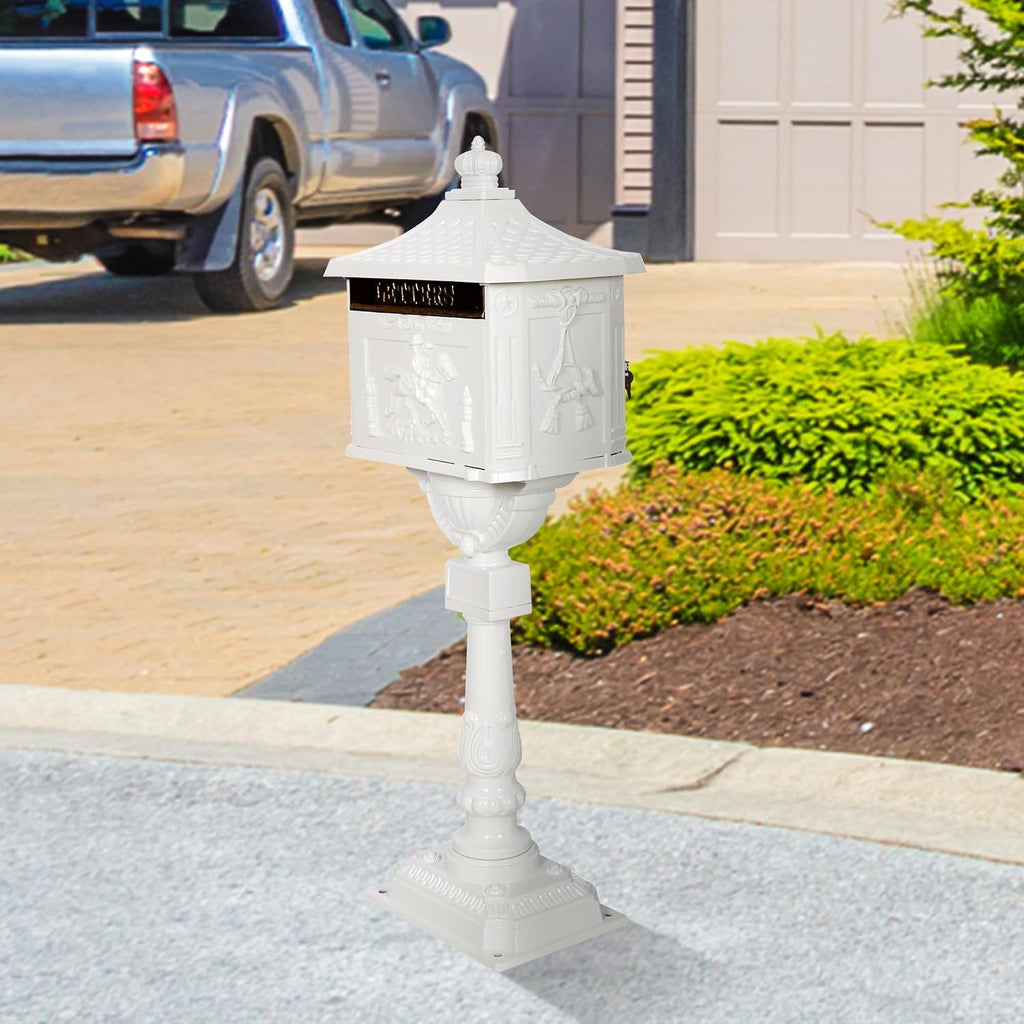 Mailbox, Heavy Duty Cast Aluminum Postal Box, Mail Box with 2 Keys for Courtyard Villa Decoration - White