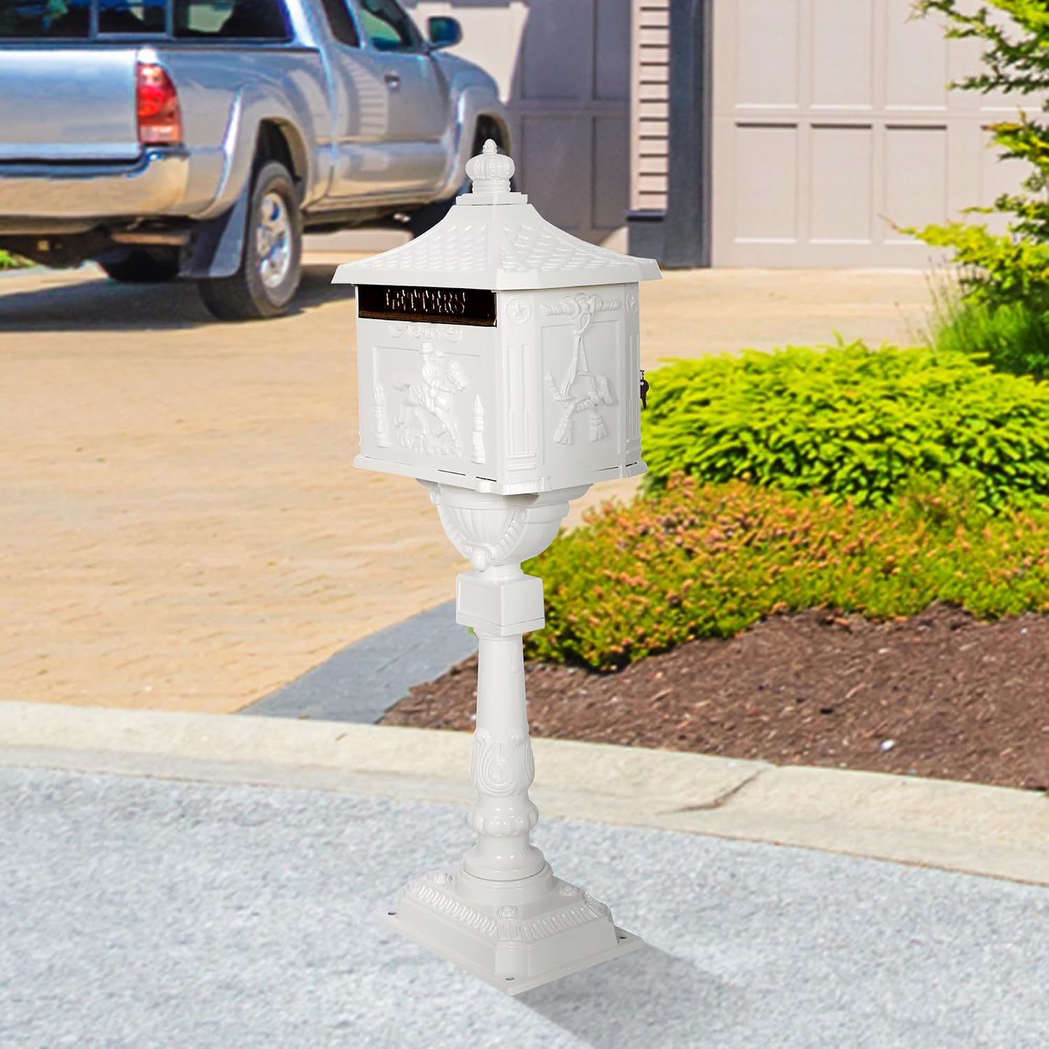 Mailbox, Heavy Duty Cast Aluminum Postal Box, Mail Box with 2 Keys for Courtyard Villa Decoration - White