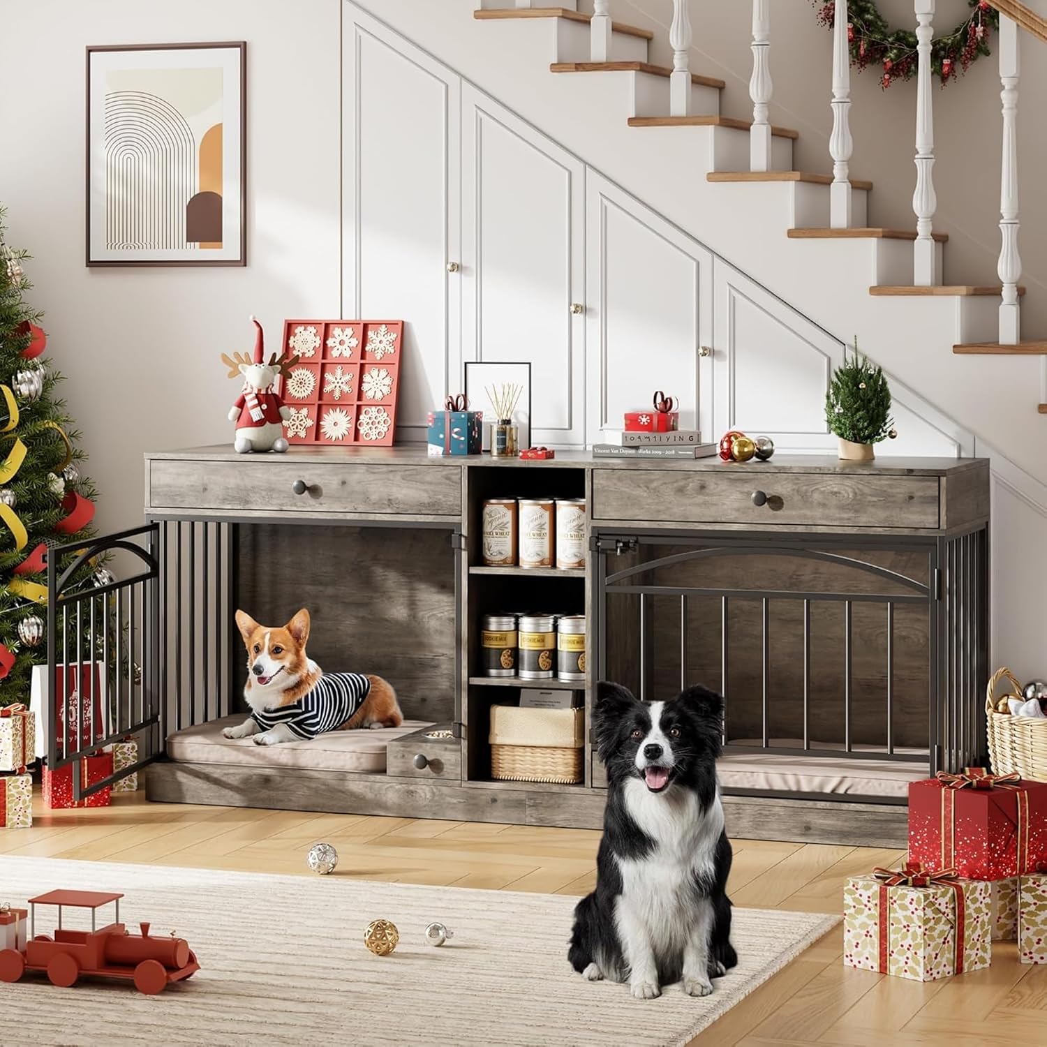 GAOMON Dog Crate Furniture for 2 Dogs, 78.7'' Large Dog Kennel Indoor with 2 Storage Drawers, 3 Shelves and Feeding Bowls, Double Dog Crate TV Stand for Small and Medium Dogs, Gray